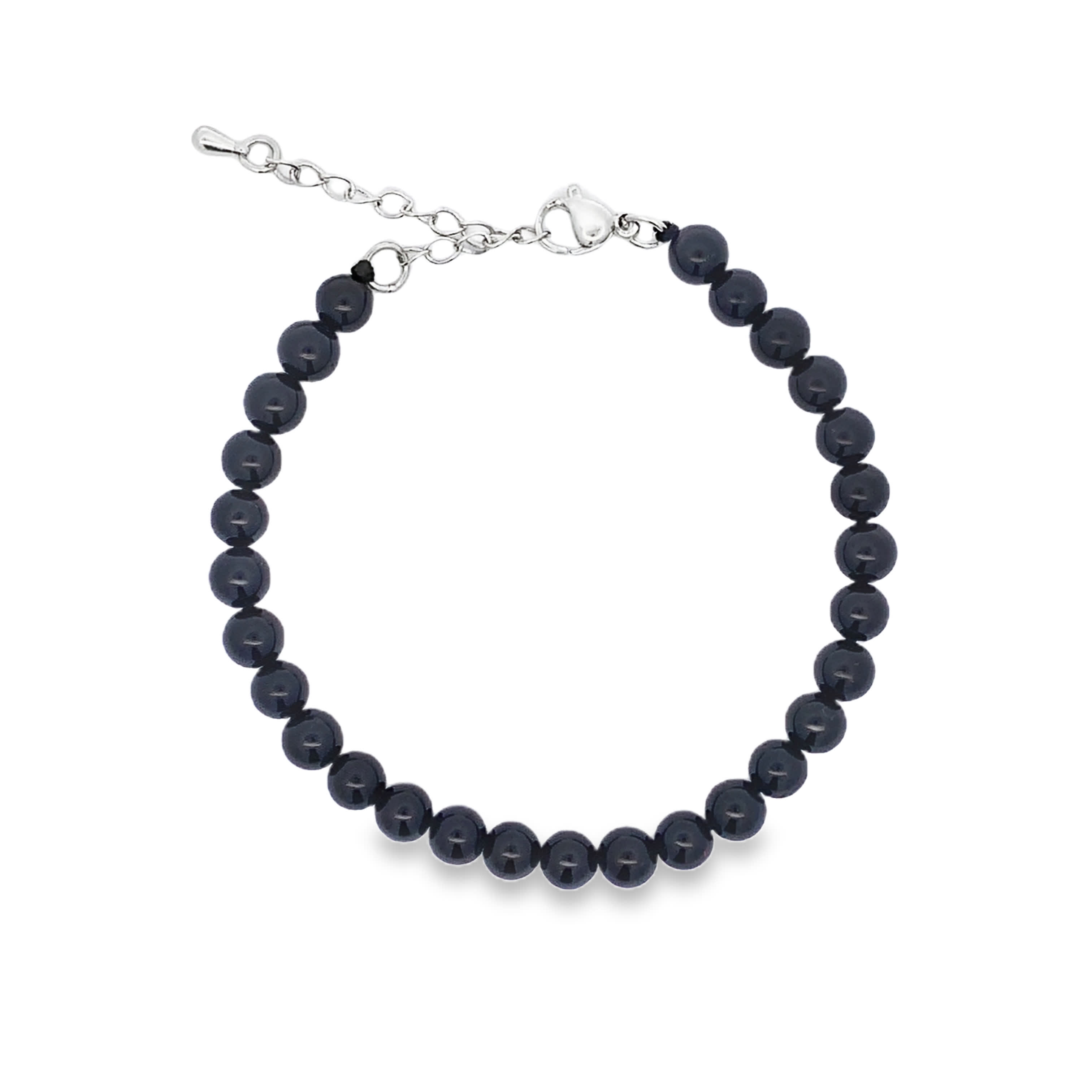 Bransoletka koralikowa z posrebrzanego metalu z okrągłym kaboszonowo szlifowanym onyksem