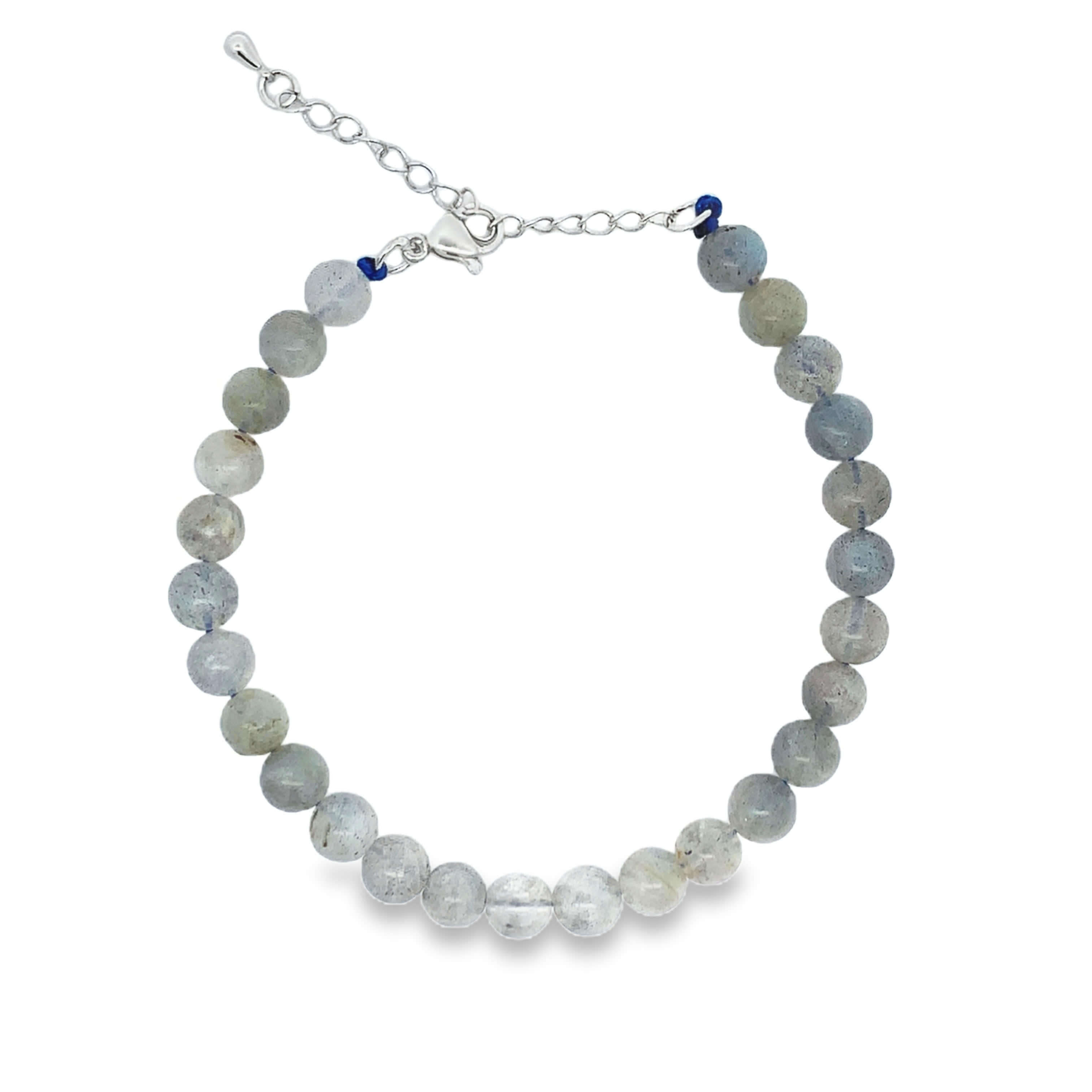 Bransoletka koralikowa z posrebrzanego metalu z zielononiebieskimi kaboszonami kamienia księżycowego