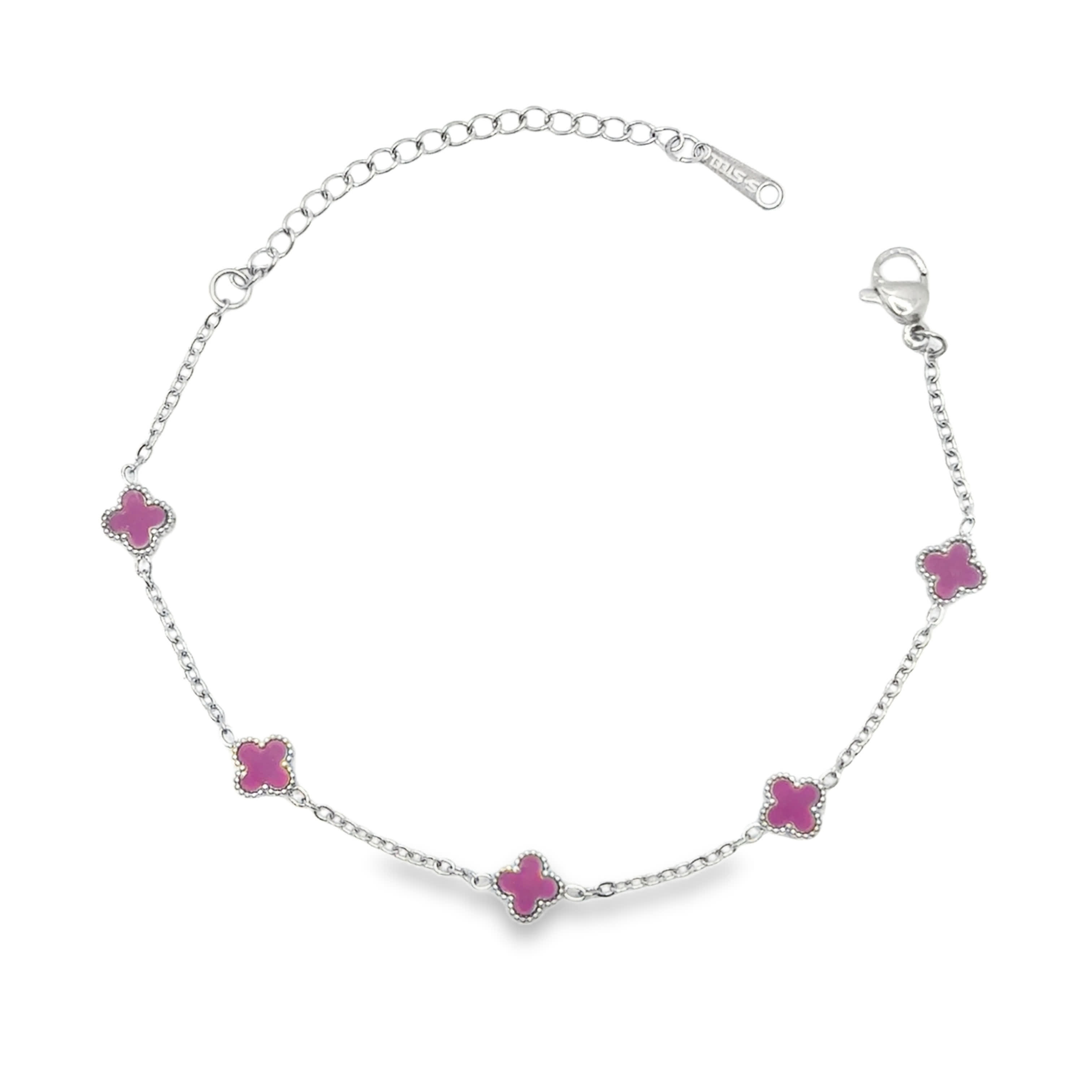 Bransoletka z łańcuszkiem ze srebrzonej stali  z fioletowymi zawieszkami z agatu i koniczyny