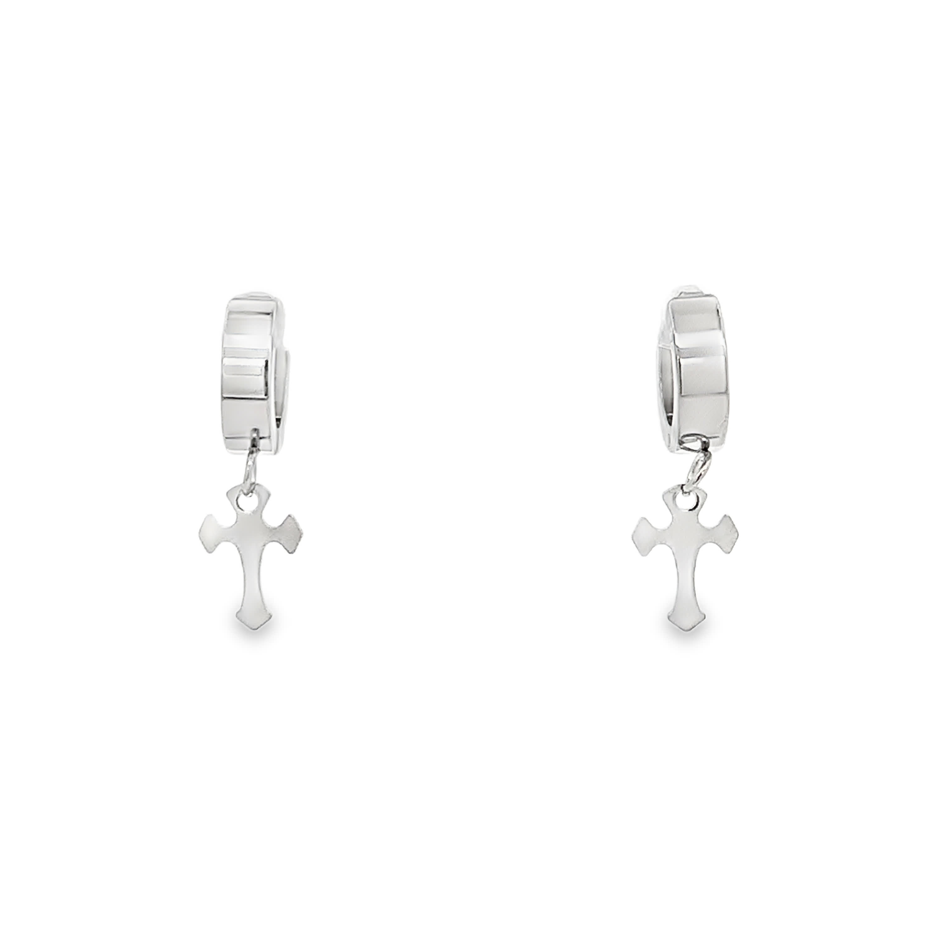 Silver Hoop Earrings with Cross Pendant in White Gold Tone