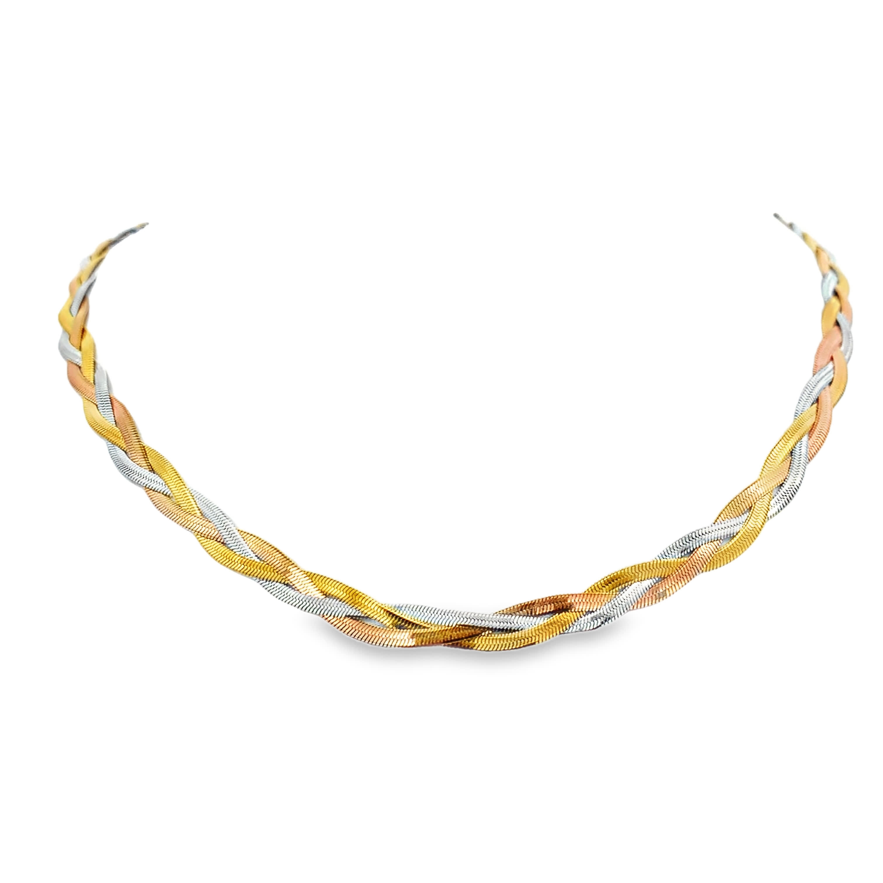 Naszyjnik z trójkolorowym łańcuszkiem w jodełkę w kolorze złocistym