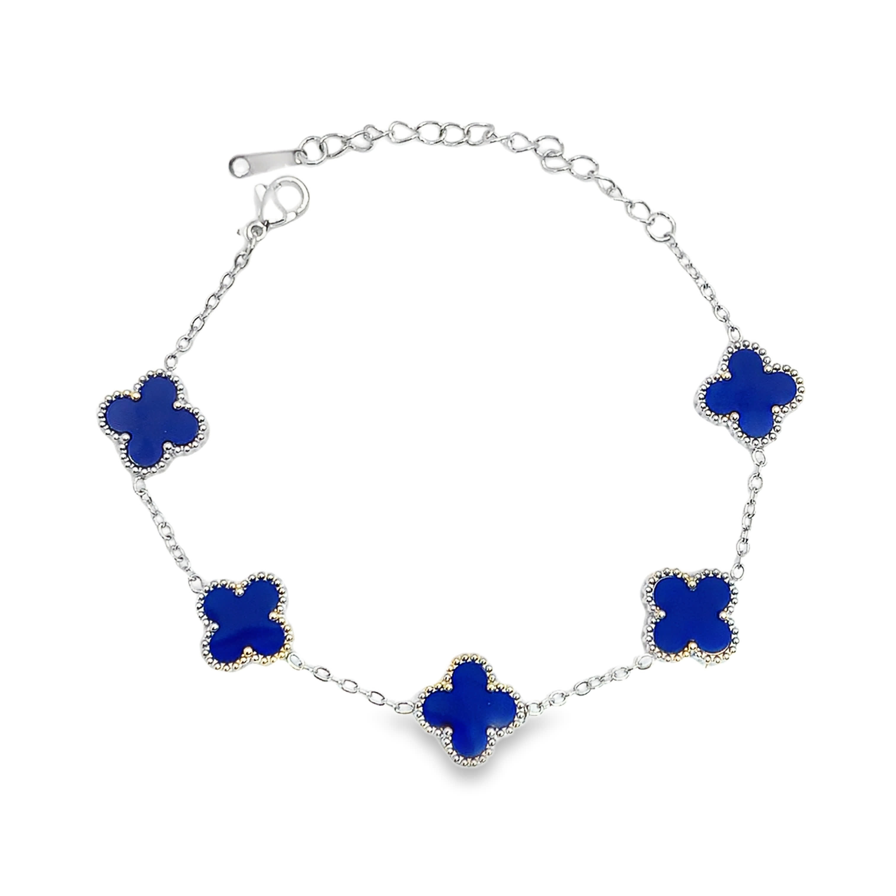 Bransoletka z białego złota ze srebra z motywem koniczyny z lapis lazuli