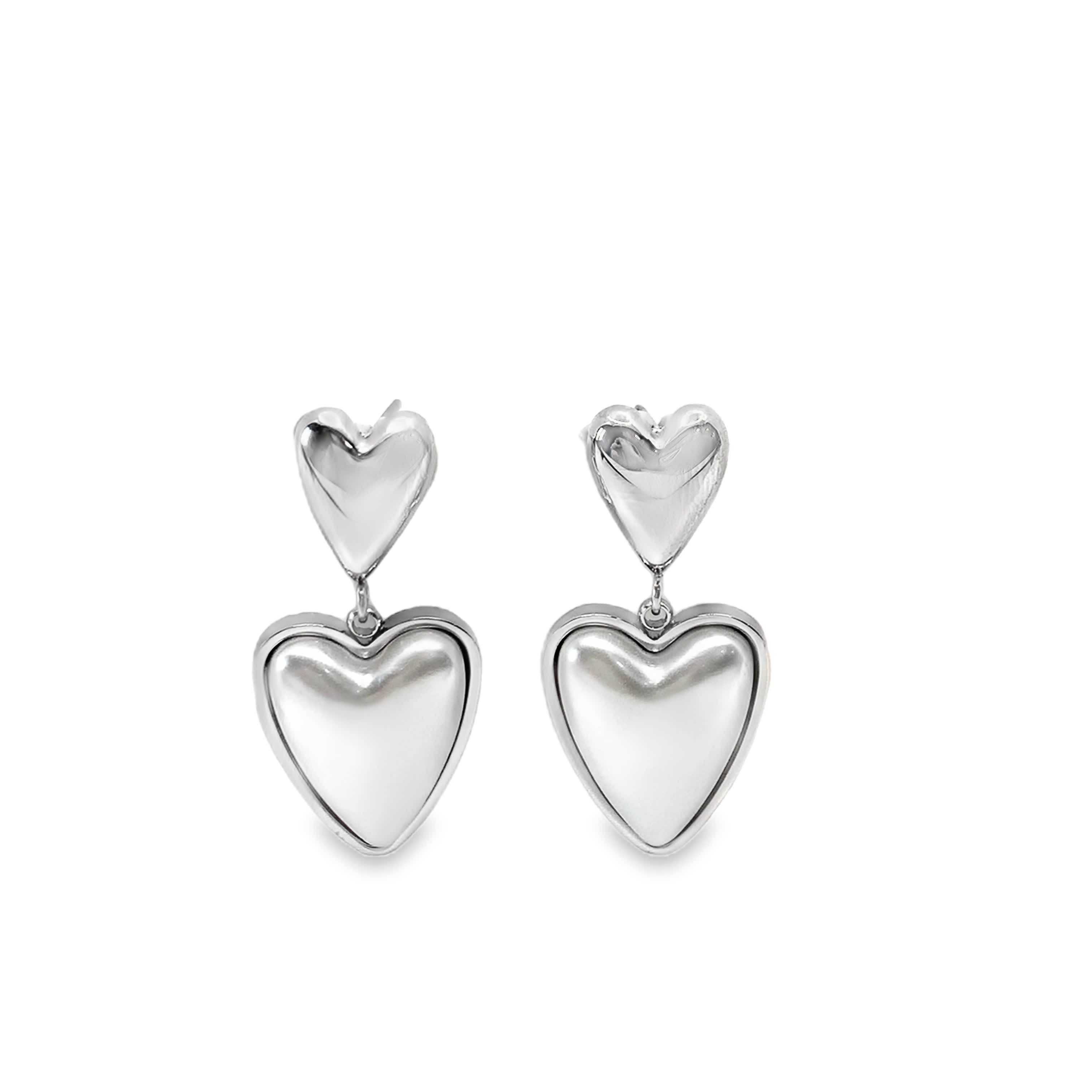 Silver Heart Dangle Earrings in White Gold Plated Finish