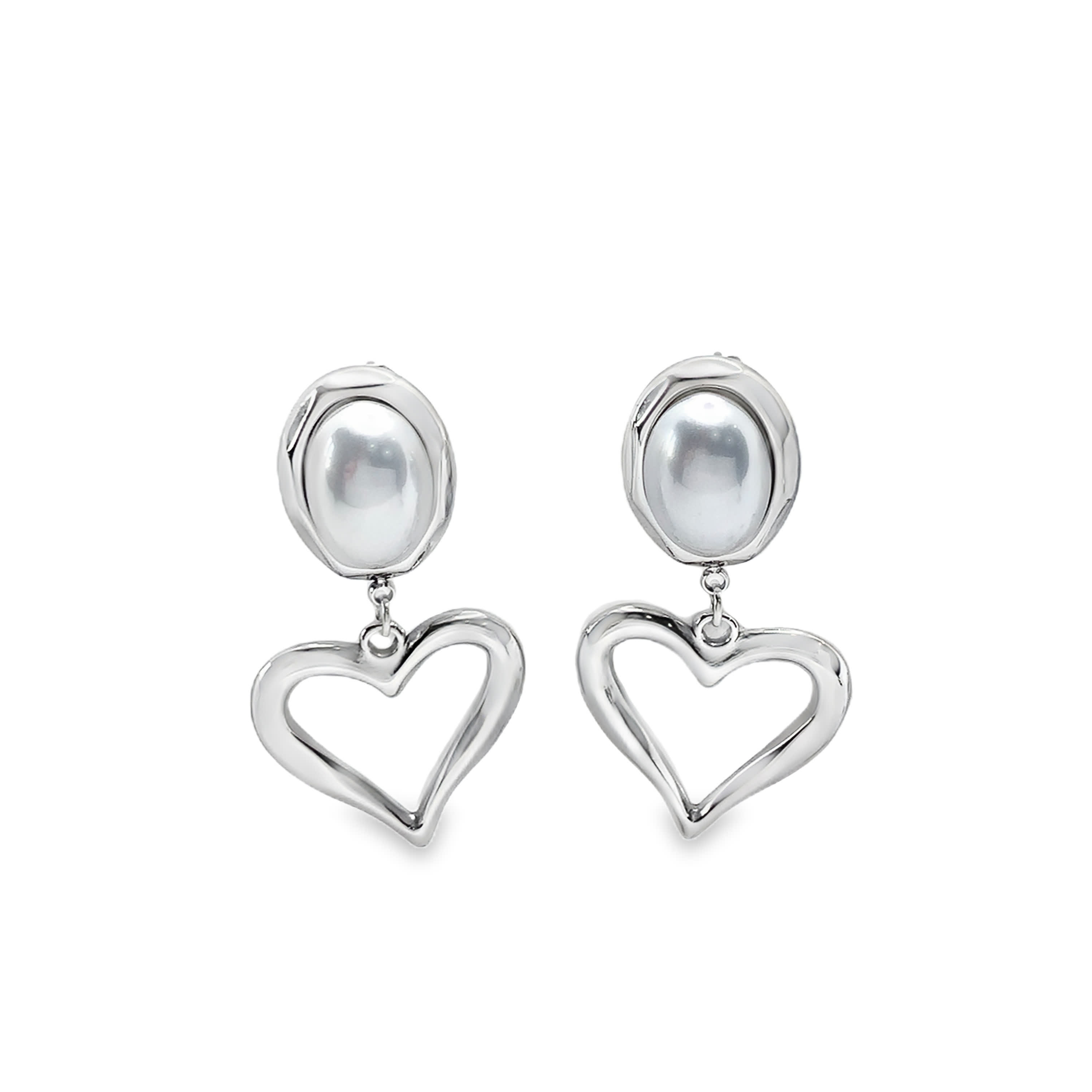 Silver Heart Dangle Earrings with Round Pearl Accents