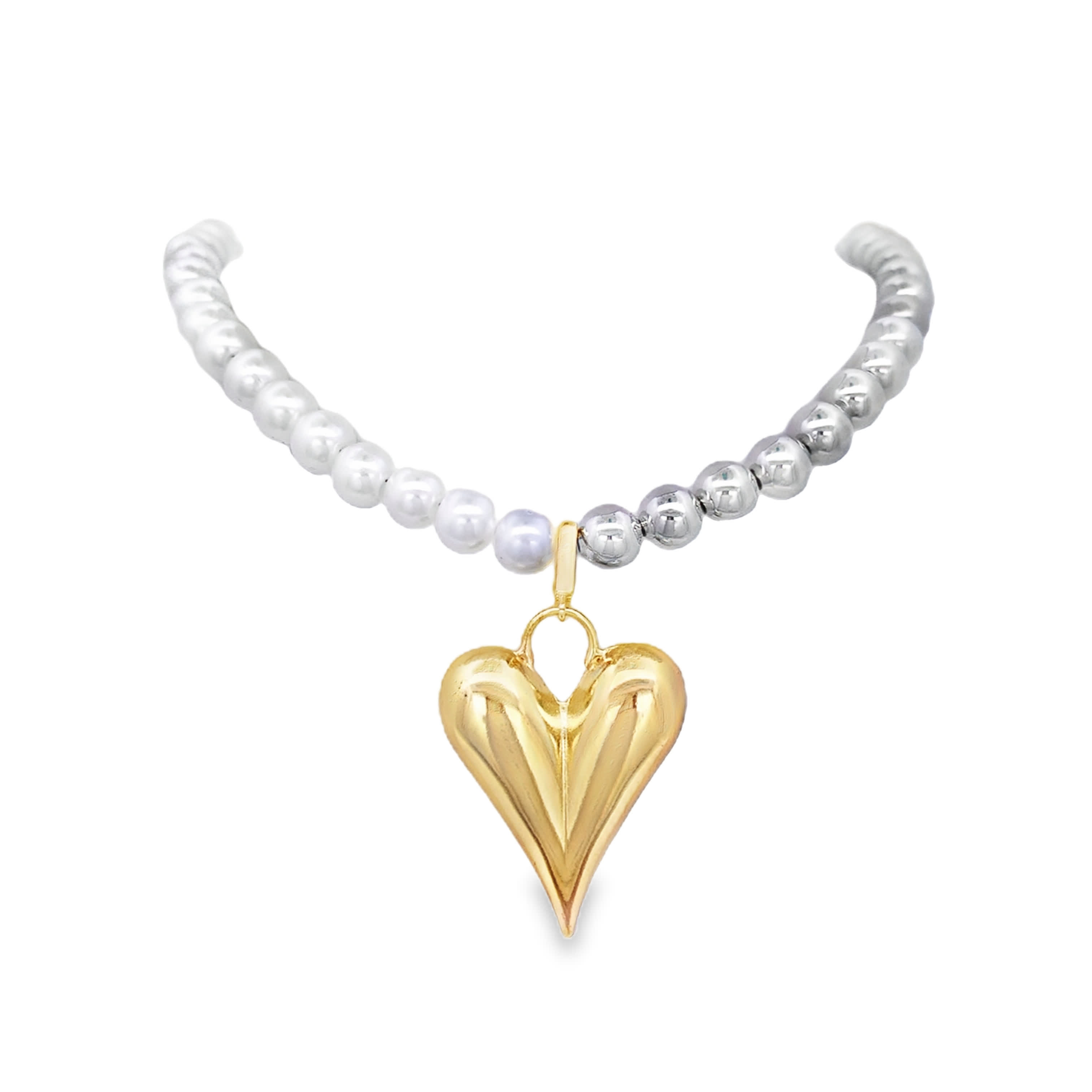 Yellow Gold Pearl Necklace with Heart Pendant