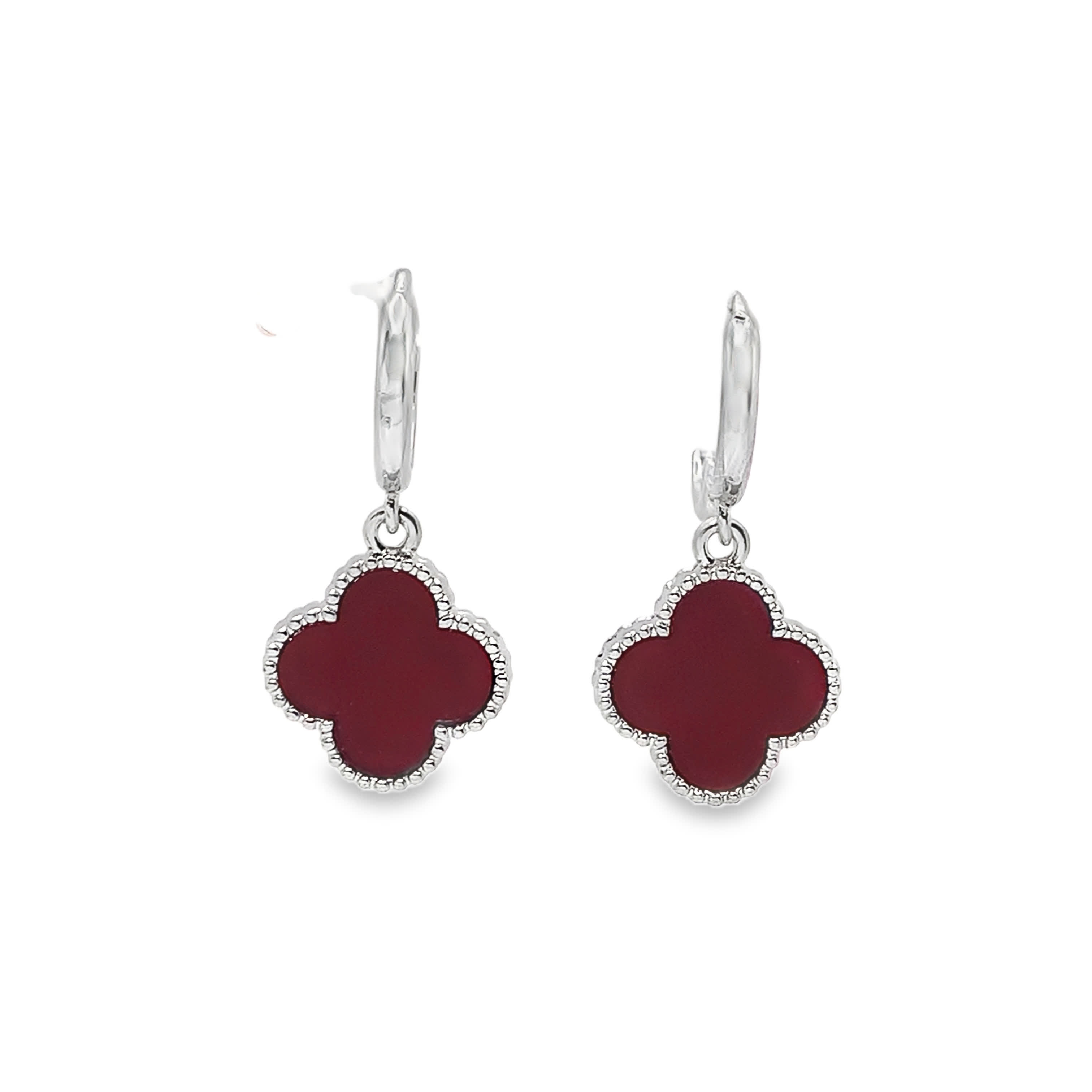 Silver Dangle Earrings with Vivid Red Ruby Cabochon Quatrefoil Design