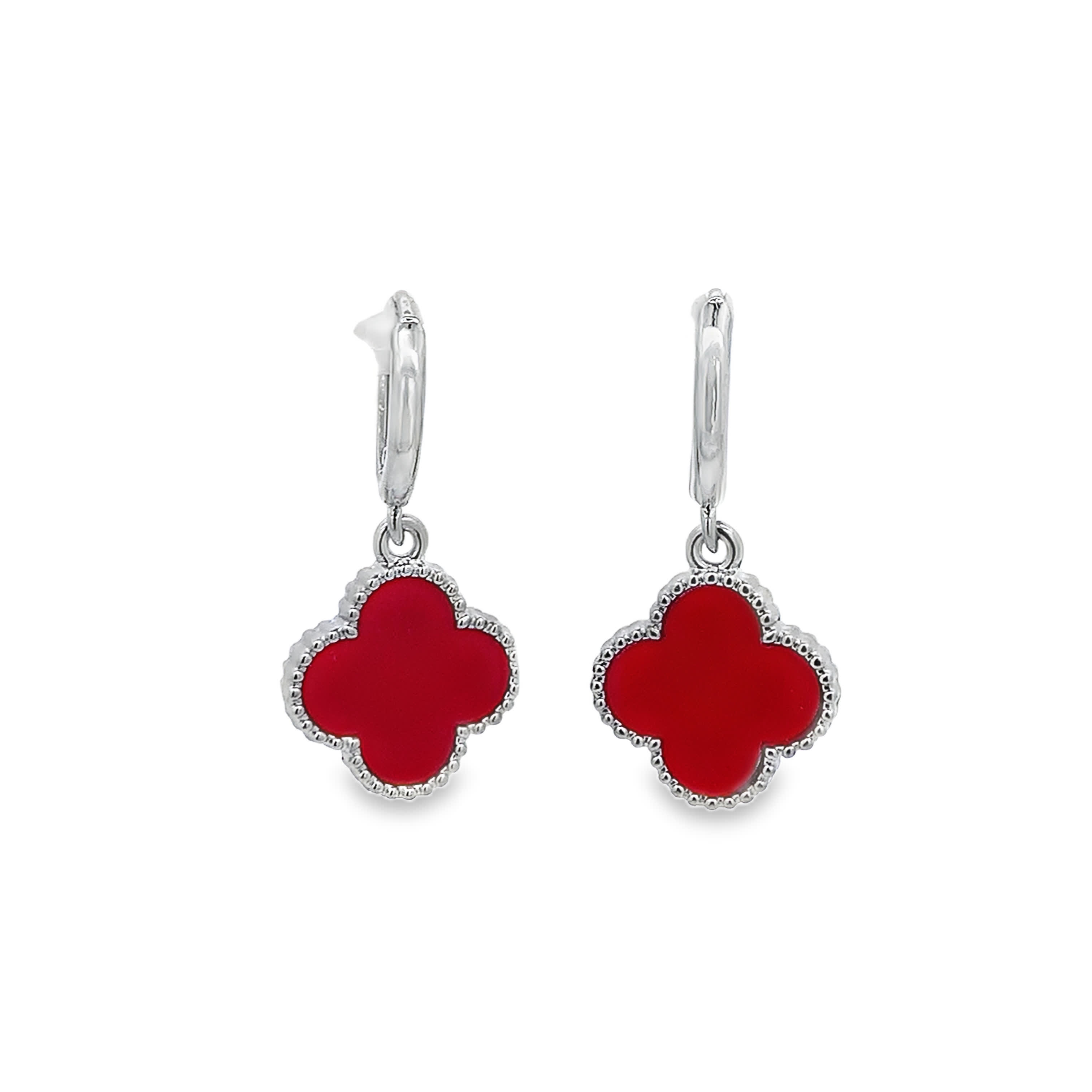 White Gold Plated Silver Dangle Earrings with Clover Shape Coral Gemstones