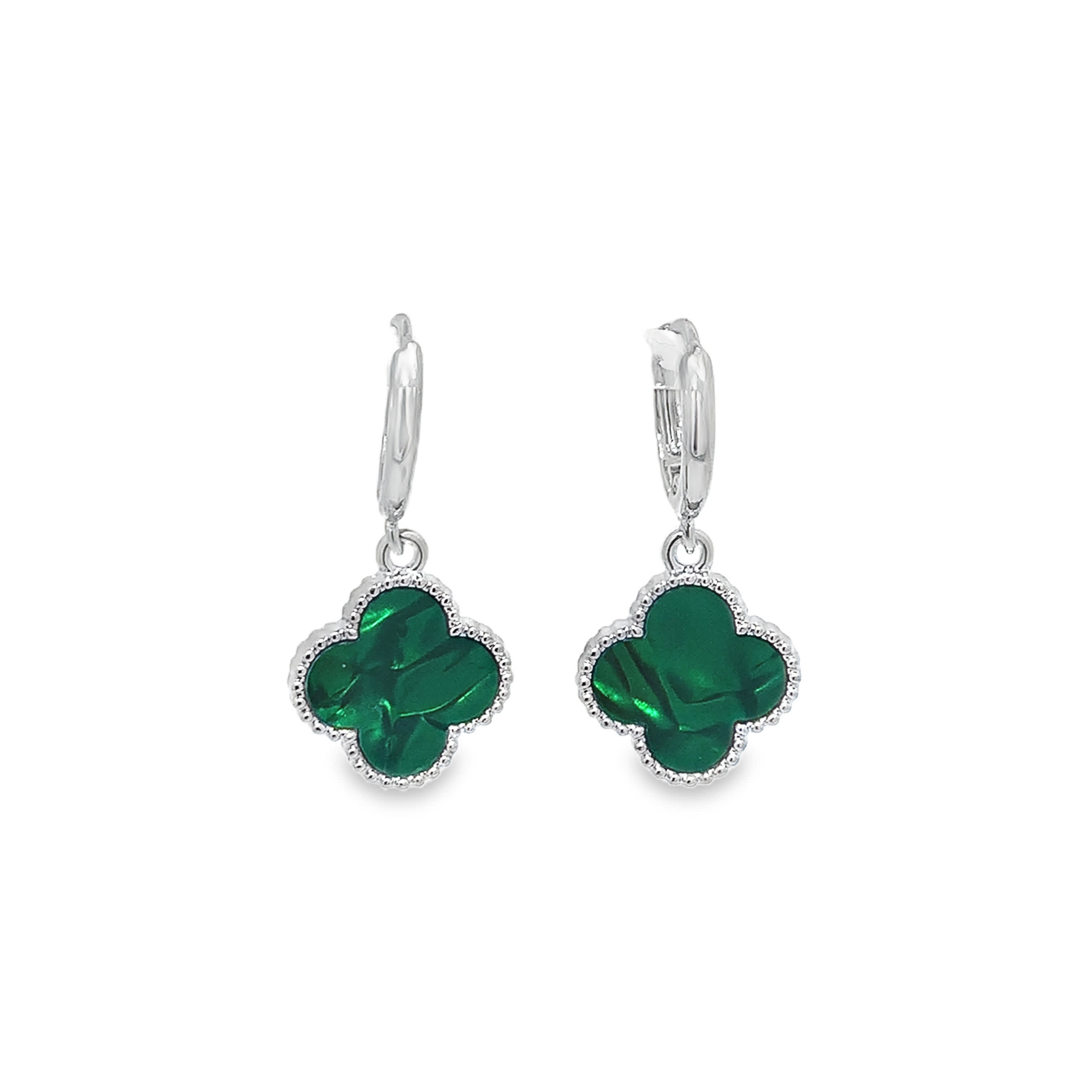 Clover Malachite Dangle Earrings in White Gold over Silver