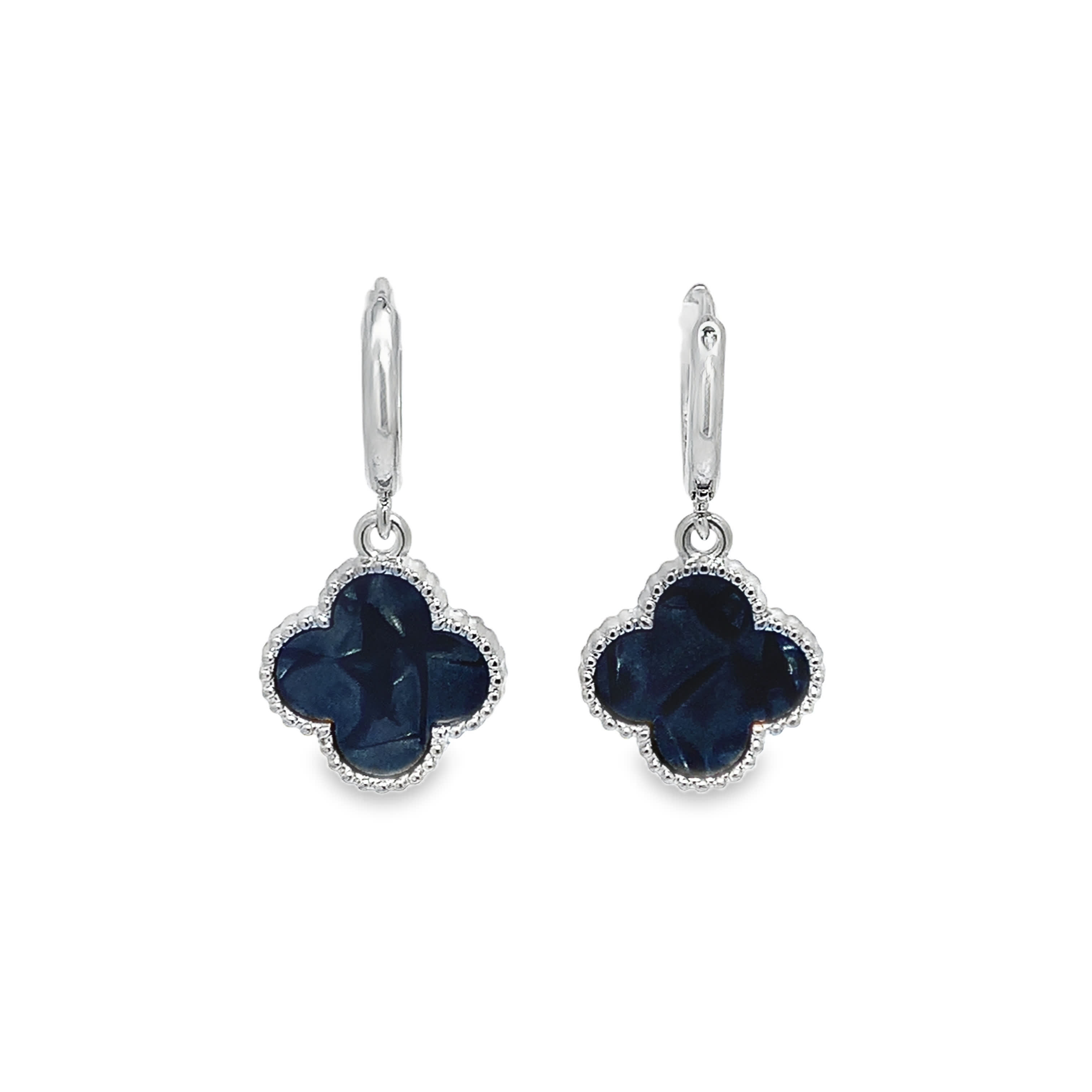 Sterling Silver Dangle Earrings with Blue Onyx Cloverleaf
