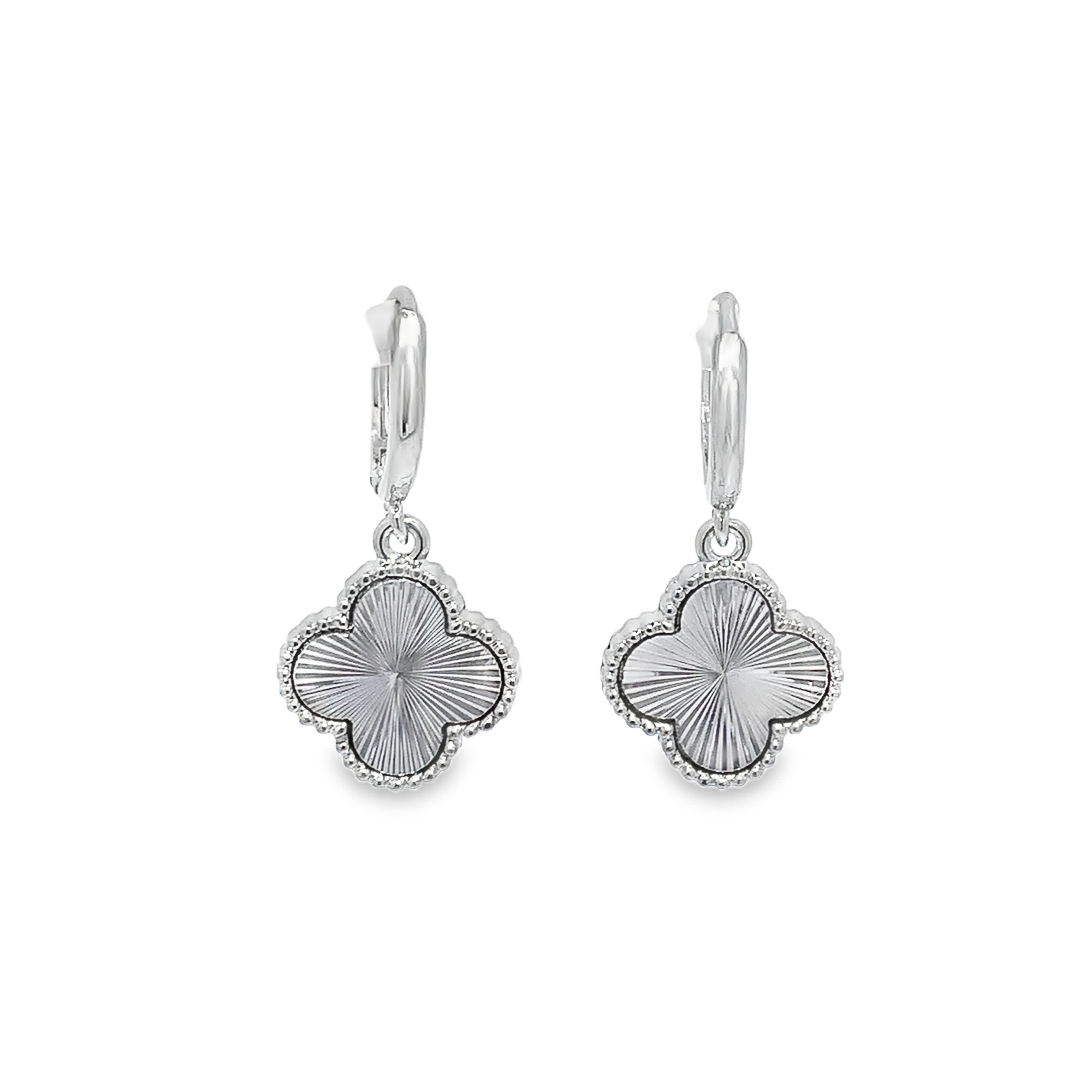 Silver Clover Dangle Earrings in White Gold Finish
