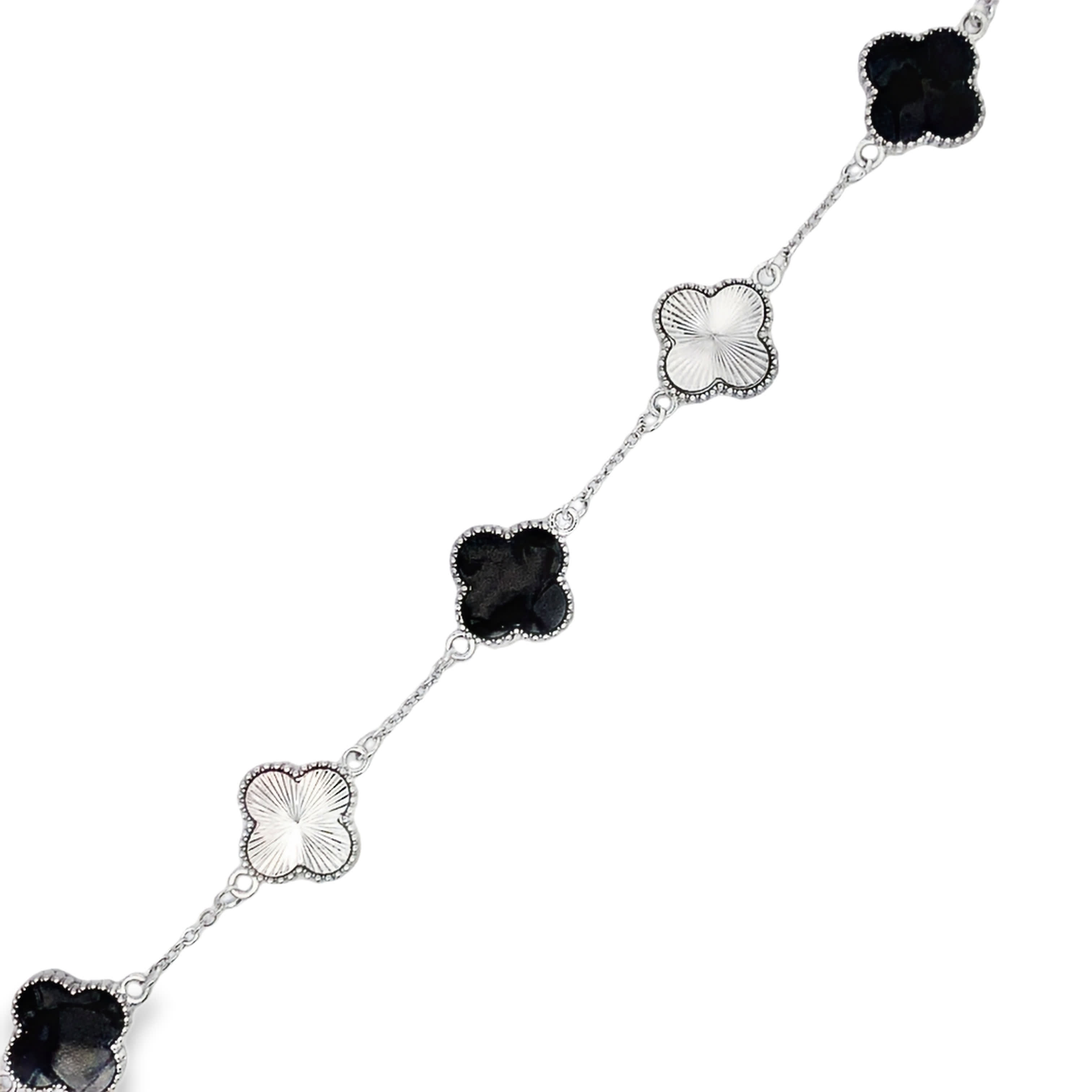 Sterling Silver Chain Bracelet with Onyx Clover Motifs