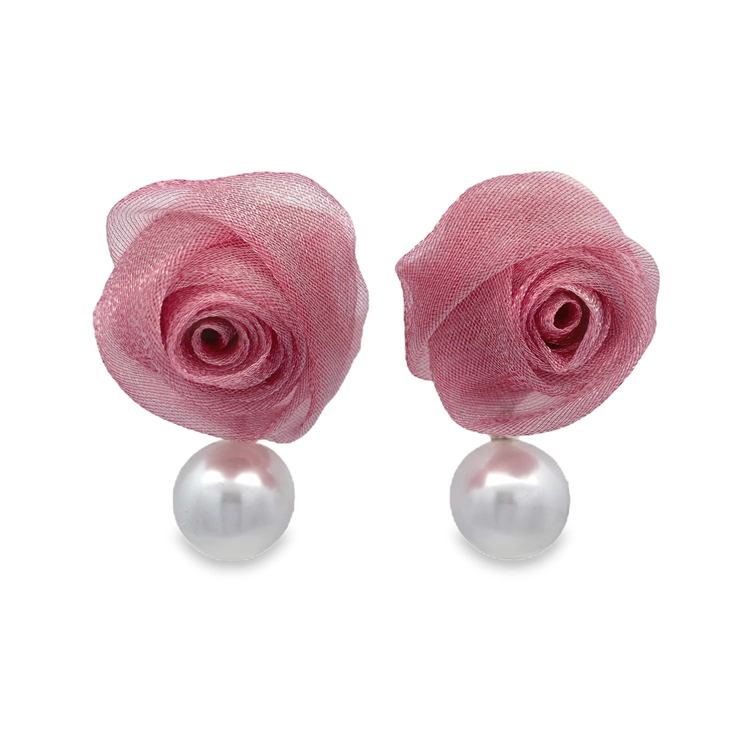Kolczyki sztyfty materiałowe róże z okrągłymi kaboszonowymi perłowymi akcentami