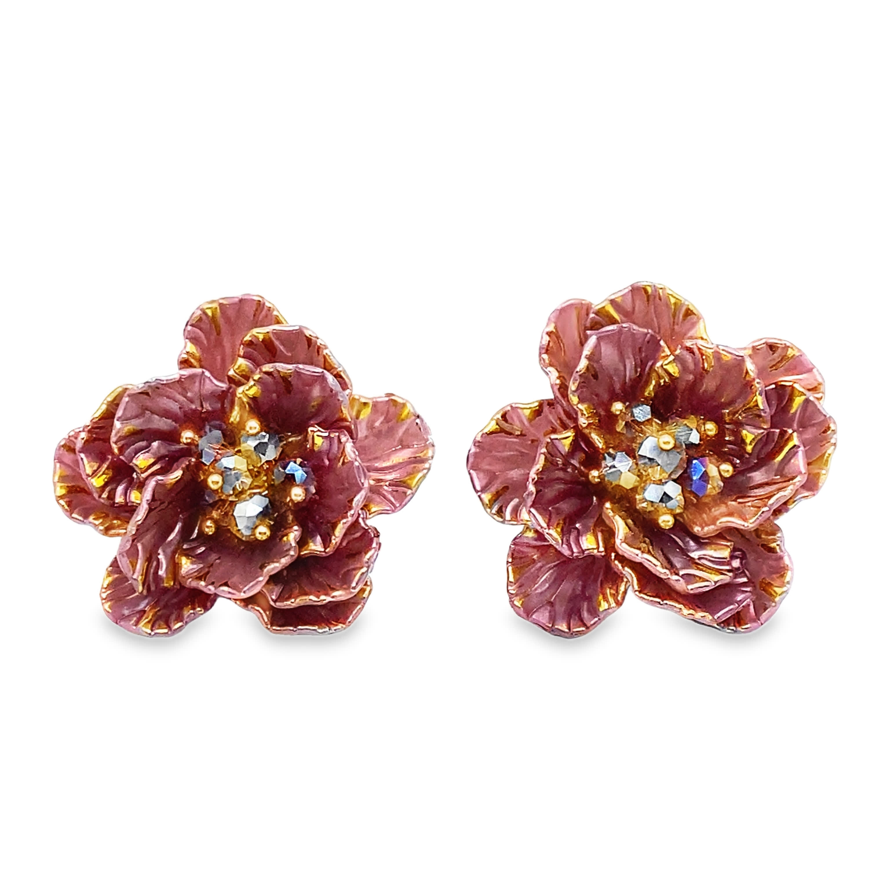 Fioletowe kryształowe kolczyki z kwiatowym wzorem