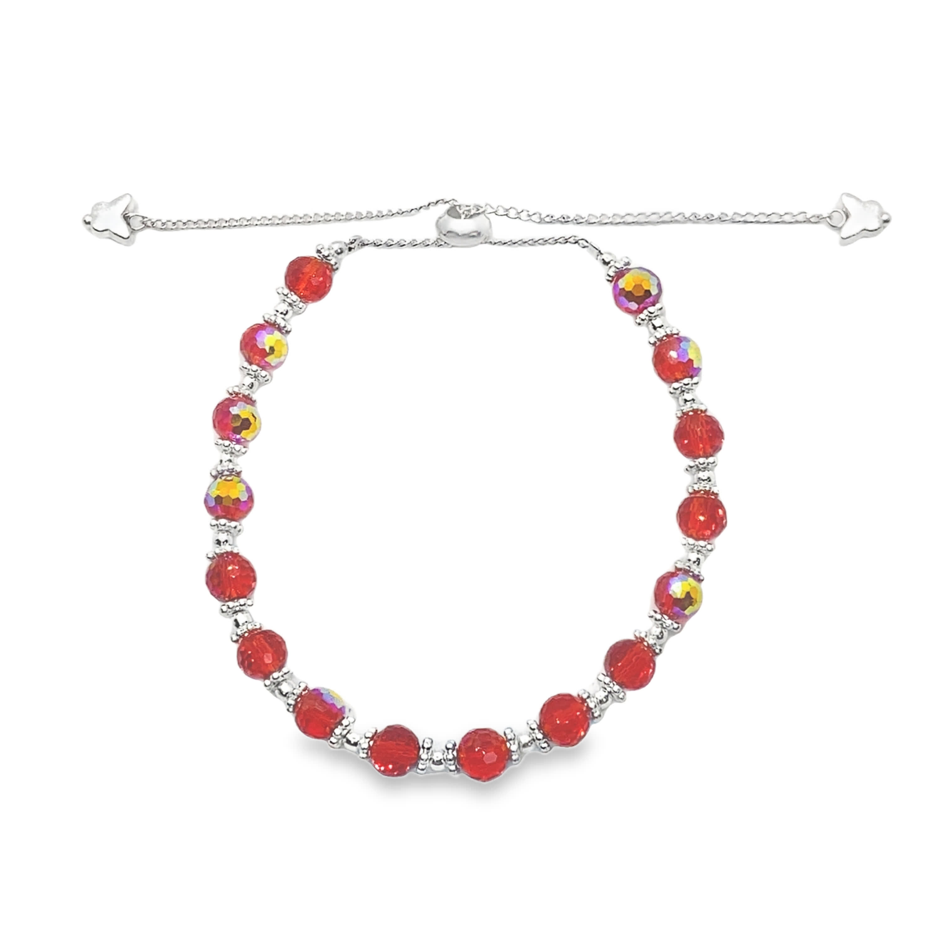 Srebrna bransoletka z koralikami i czerwonymi kryształowymi kaboszonami
