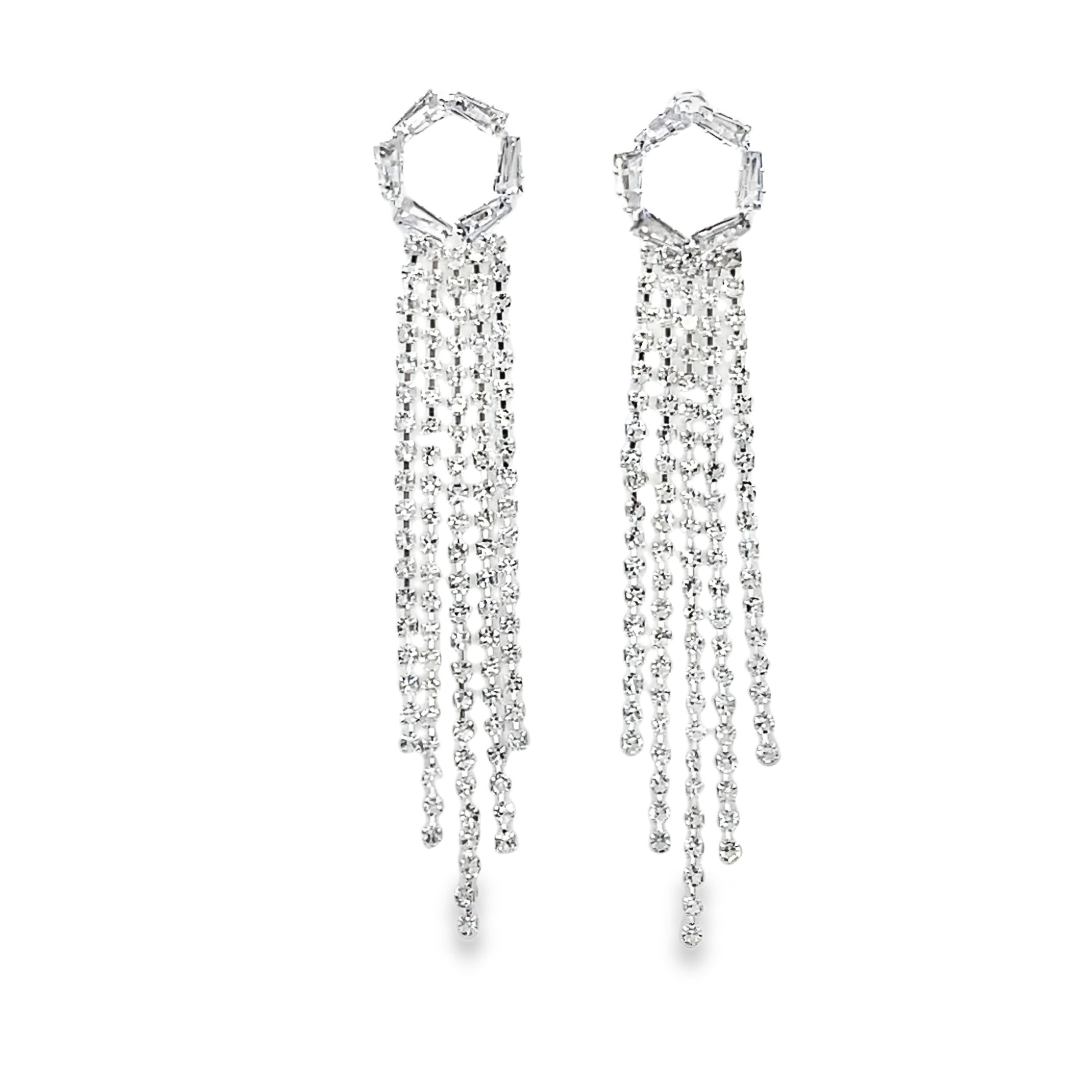 Kryształowe wiszące kolczyki w kształcie sześciokątów w srebrze i białym złocie