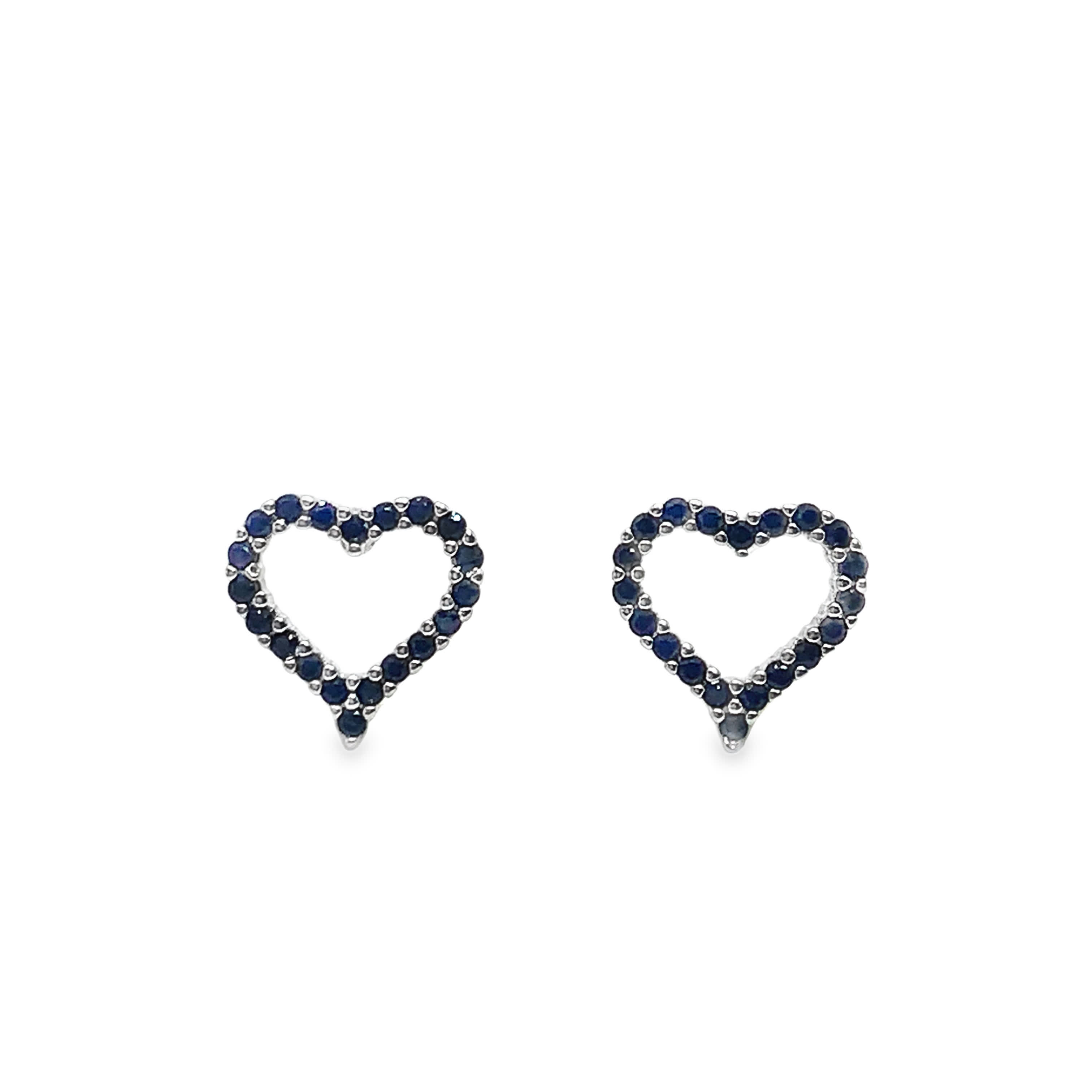 White Gold Silver Heart Stud Earrings with Deep Blue Sapphires