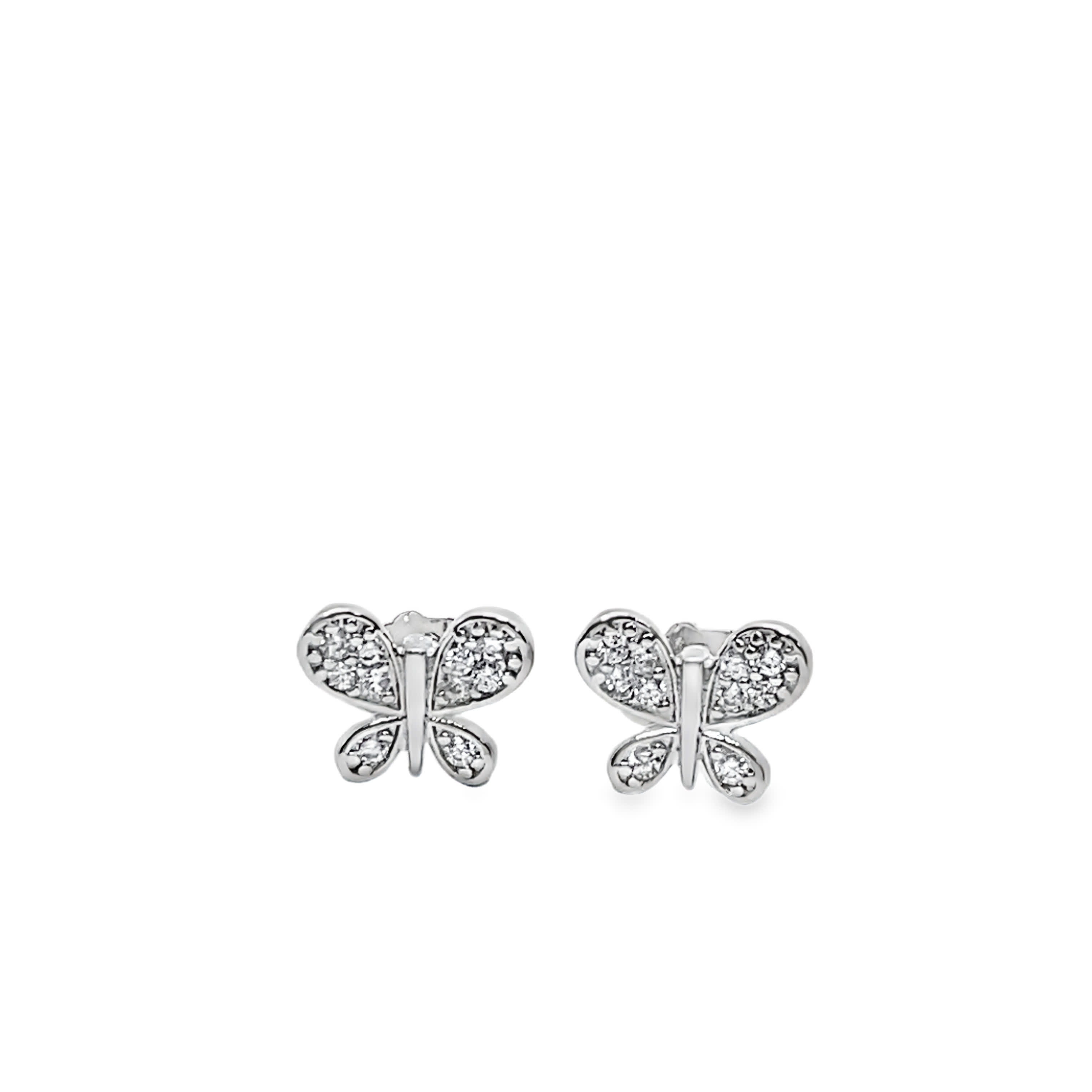 Silver Butterfly Stud Earrings with Round Cut Diamonds