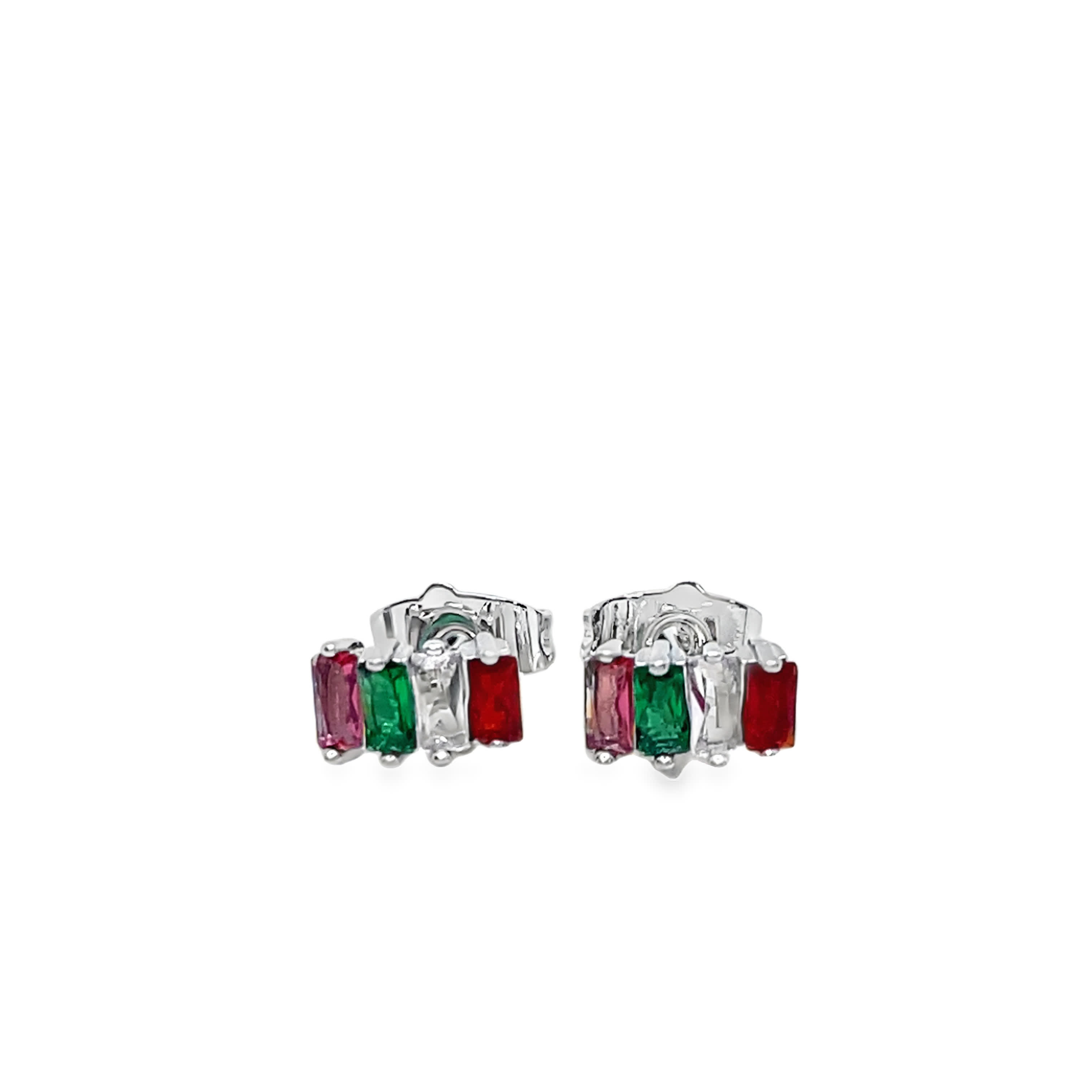 White Gold over Silver Stud Earrings with Baguette-Cut Tourmaline