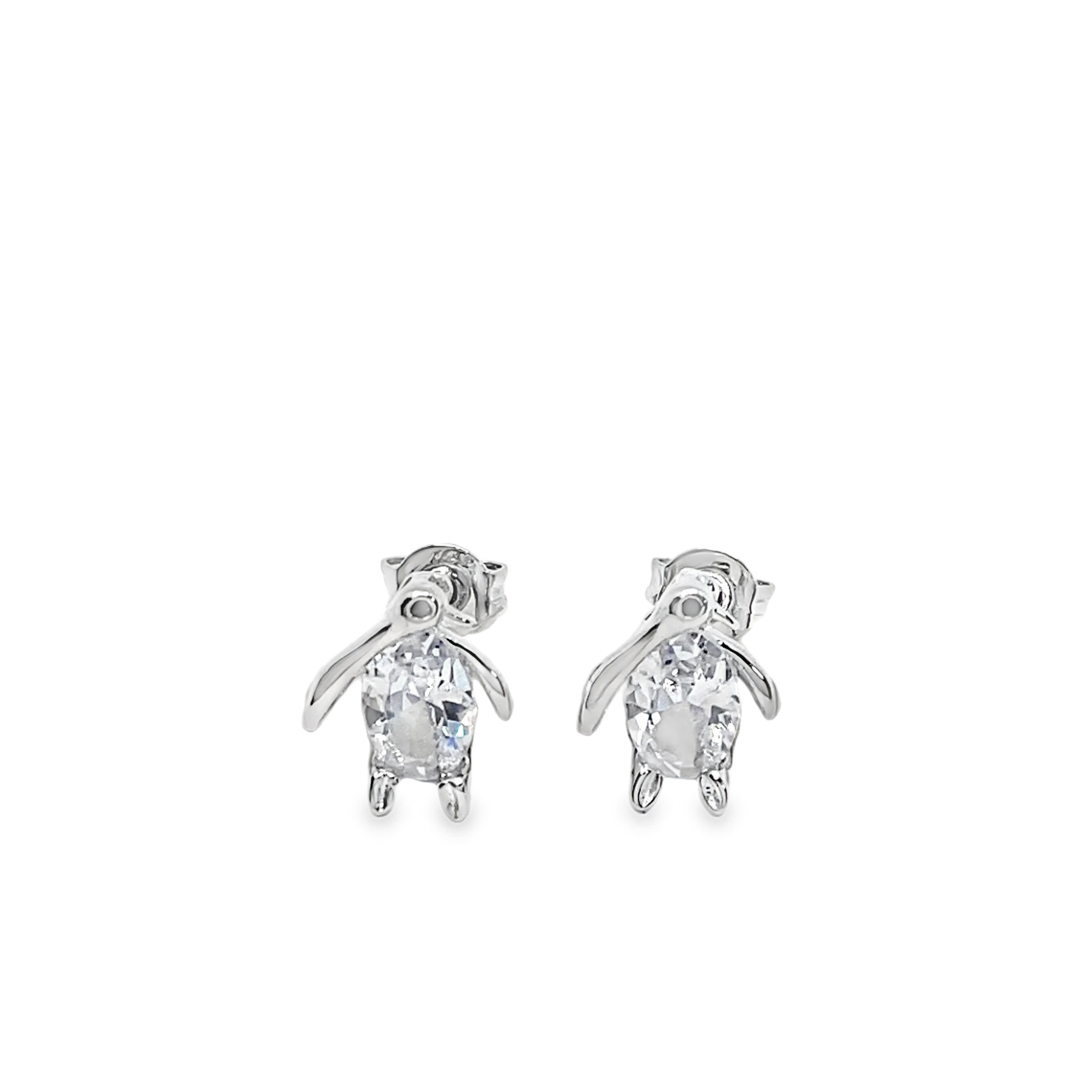 White Gold over Silver Penguin Crystal Stud Earrings