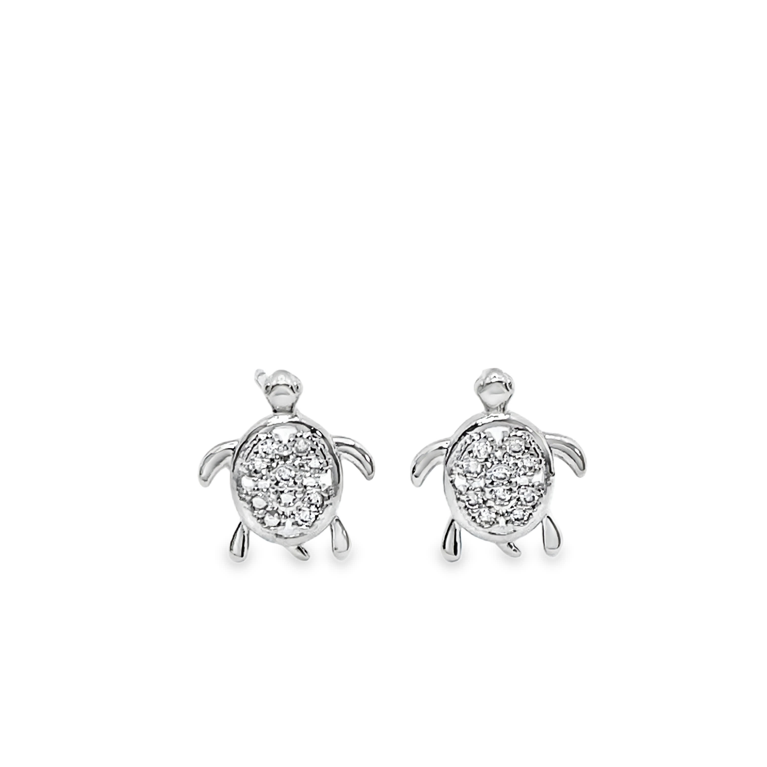 Diamond Turtle Stud Earrings in White Gold Plated Silver