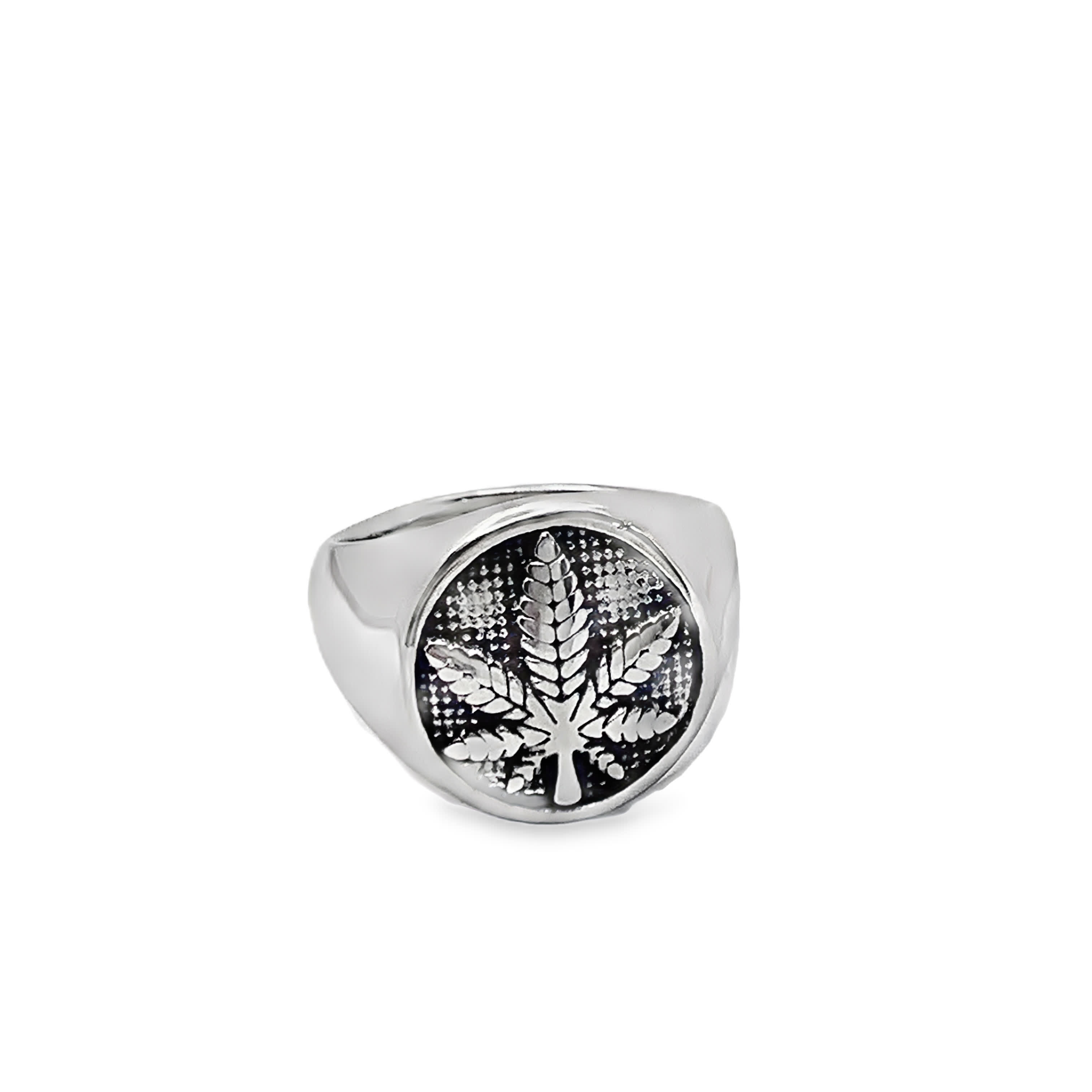 Metalowy sygnet z grawerowanym liściem