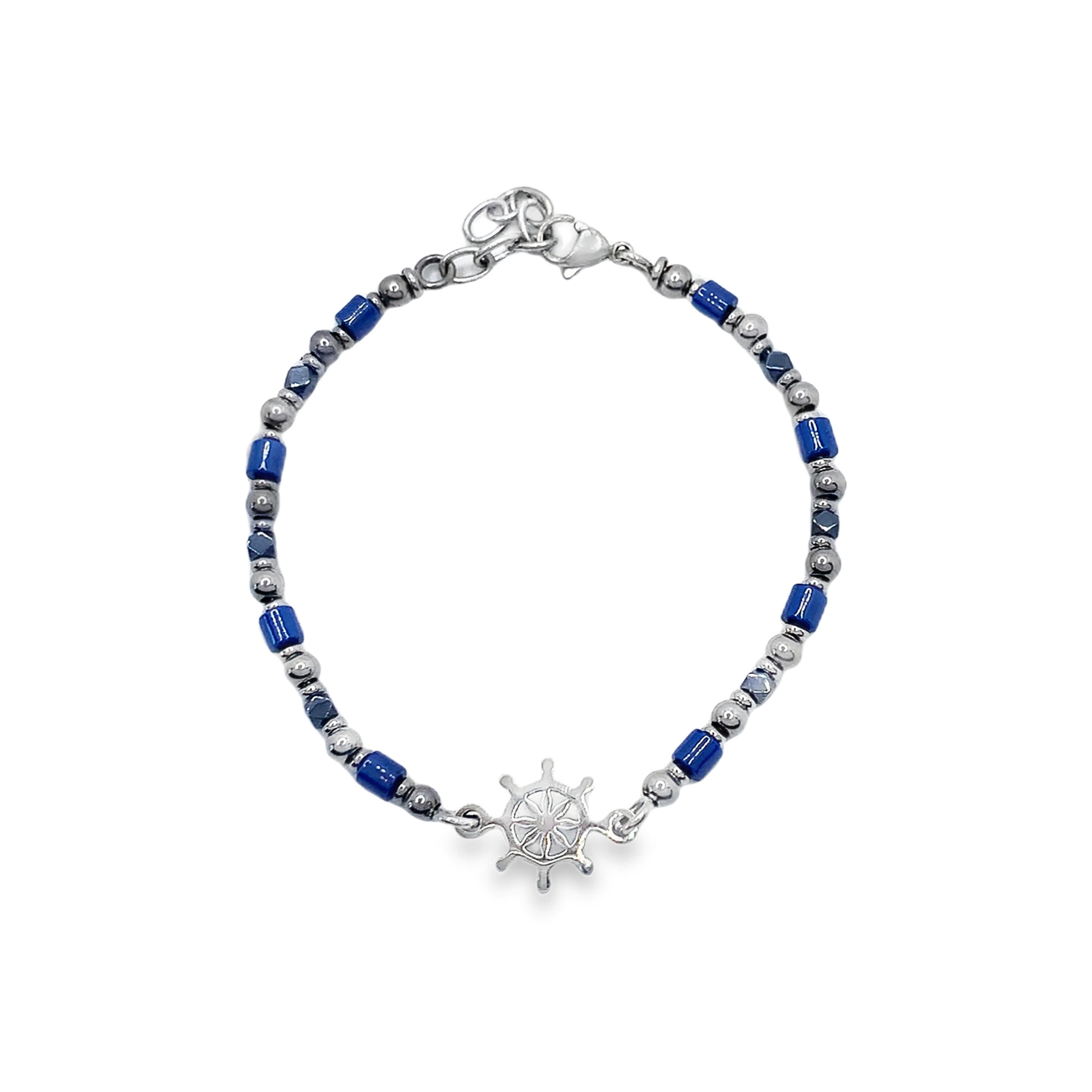 Metalowa bransoletka z koralików z akcentami lapis lazuli