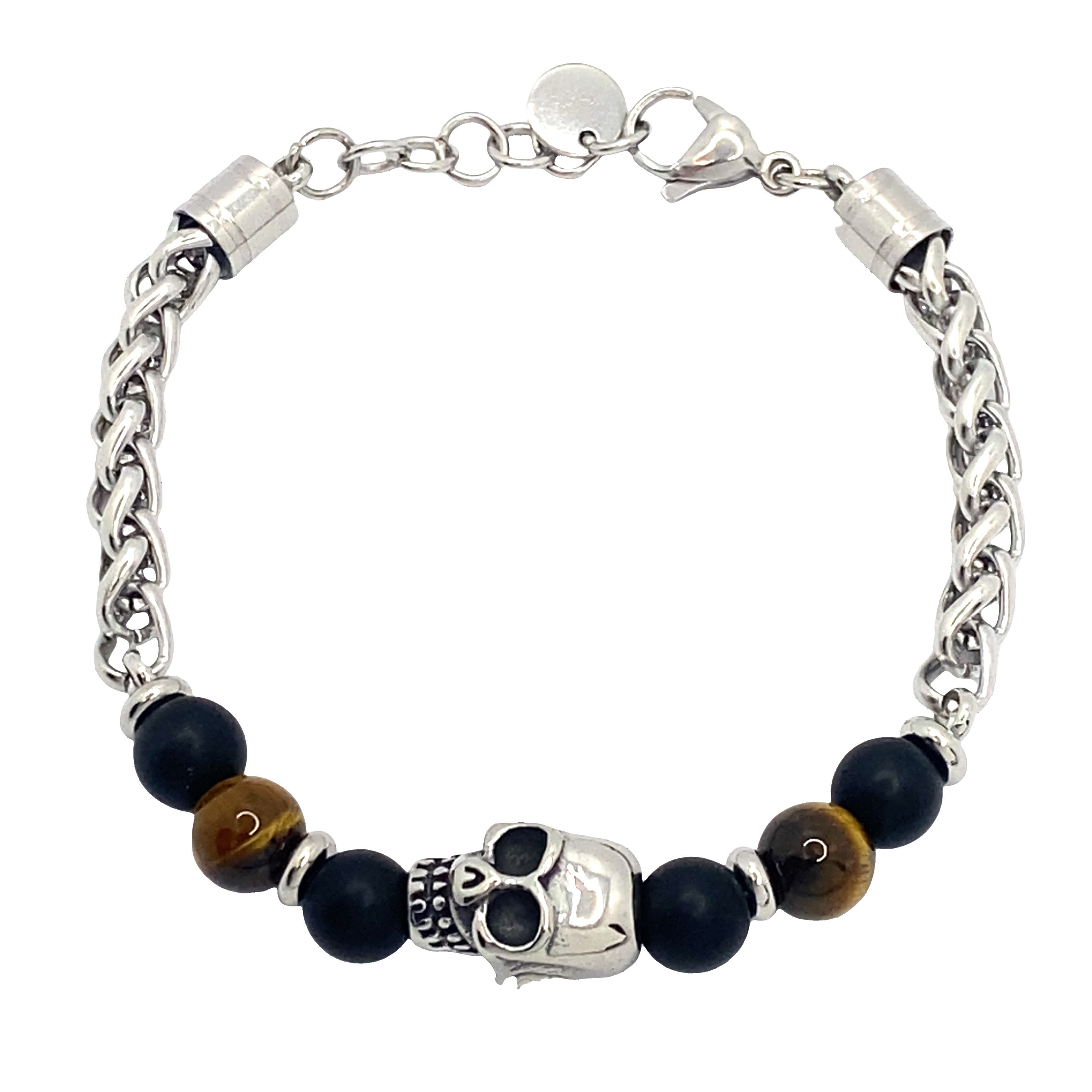 Bransoletka z koralików srebrzonych z zawieszką w kształcie onyksu i czaszki