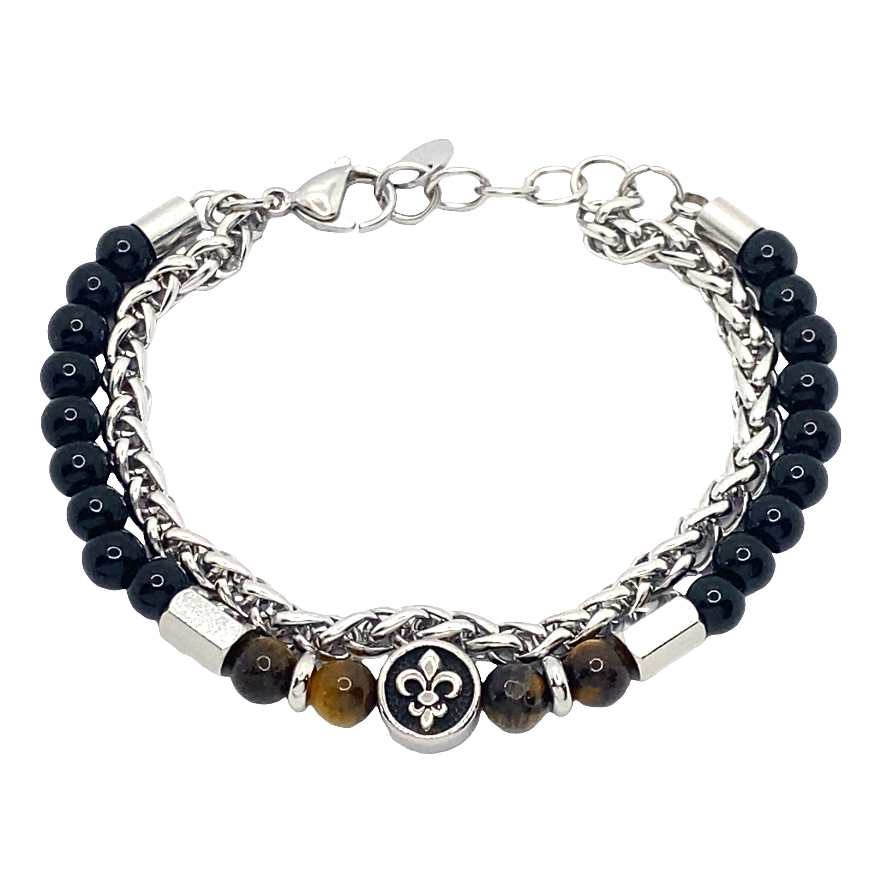 Srebrzona bransoletka z koralikami, onyksem i medalionem z lilii