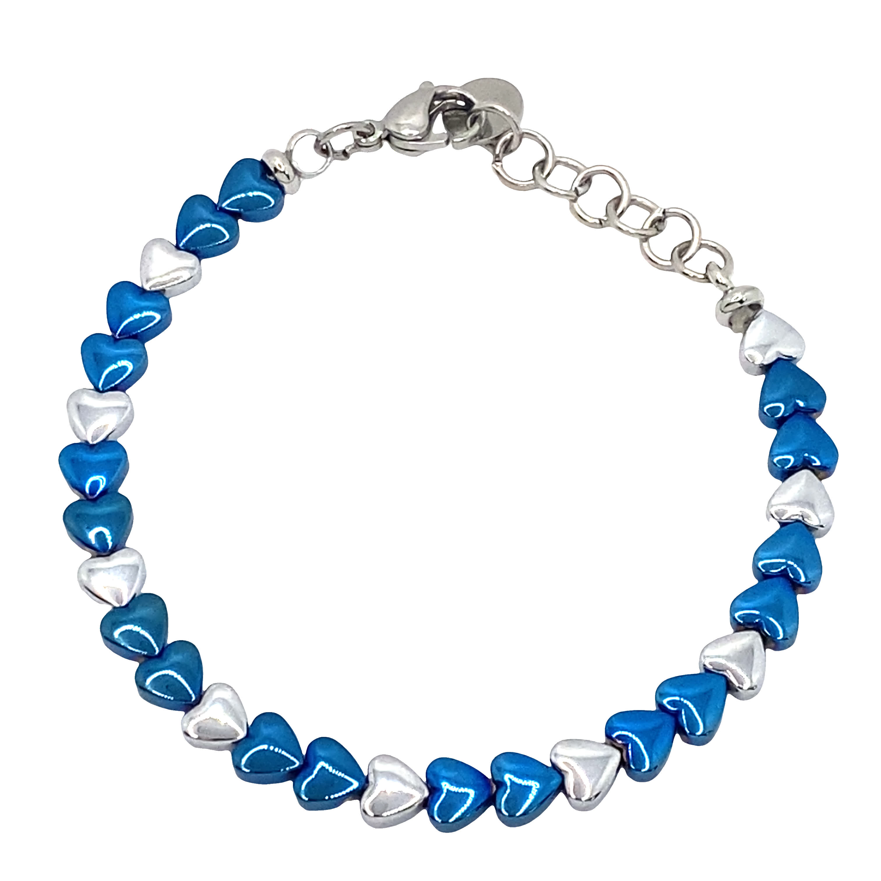 Bransoletka z koralików w kształcie serca w kolorze srebrzonym, wykończona białym kamieniem