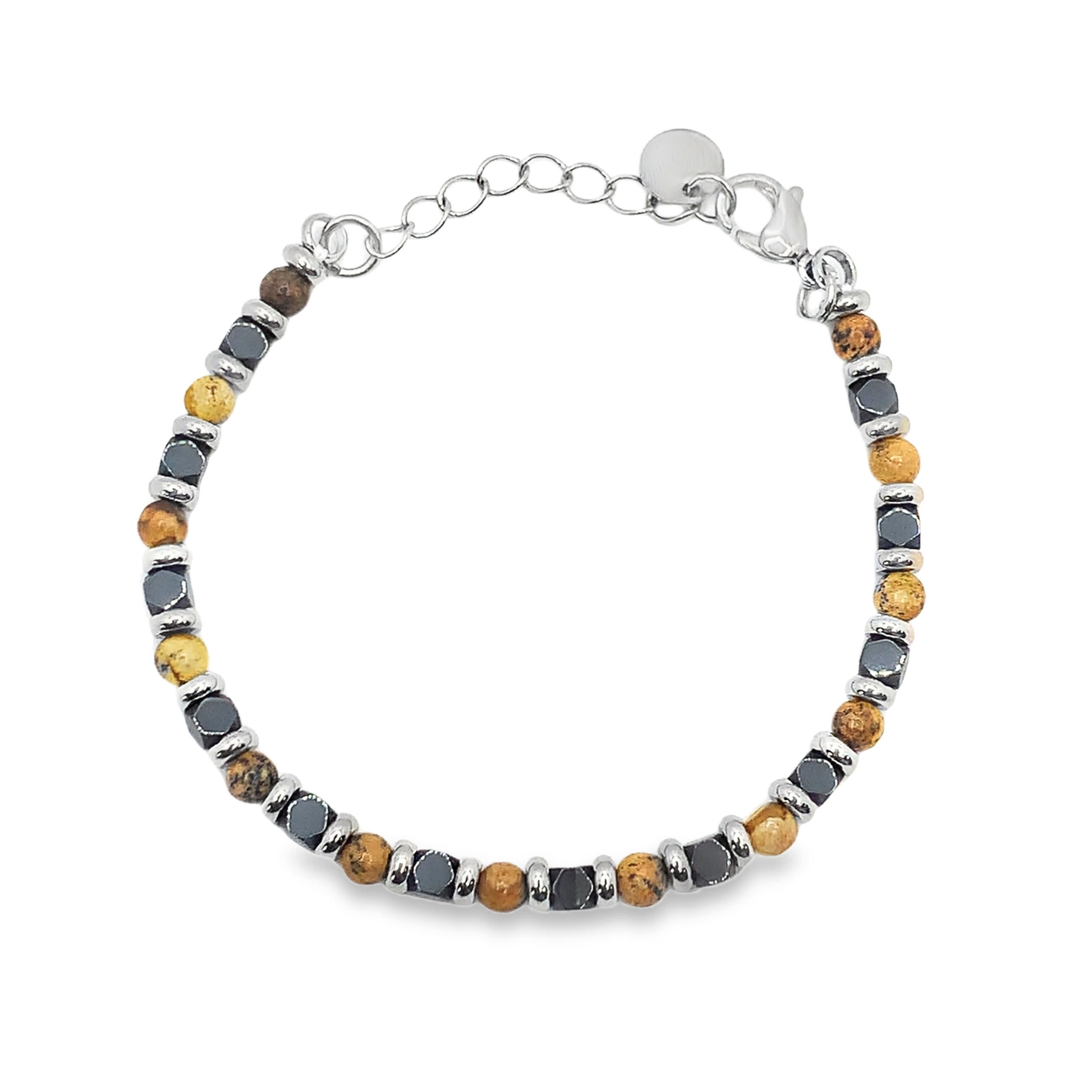 Bransoletka z koralików ze srebrzonej stali  z kamieniami naturalnymi i akcentami metalowymi
