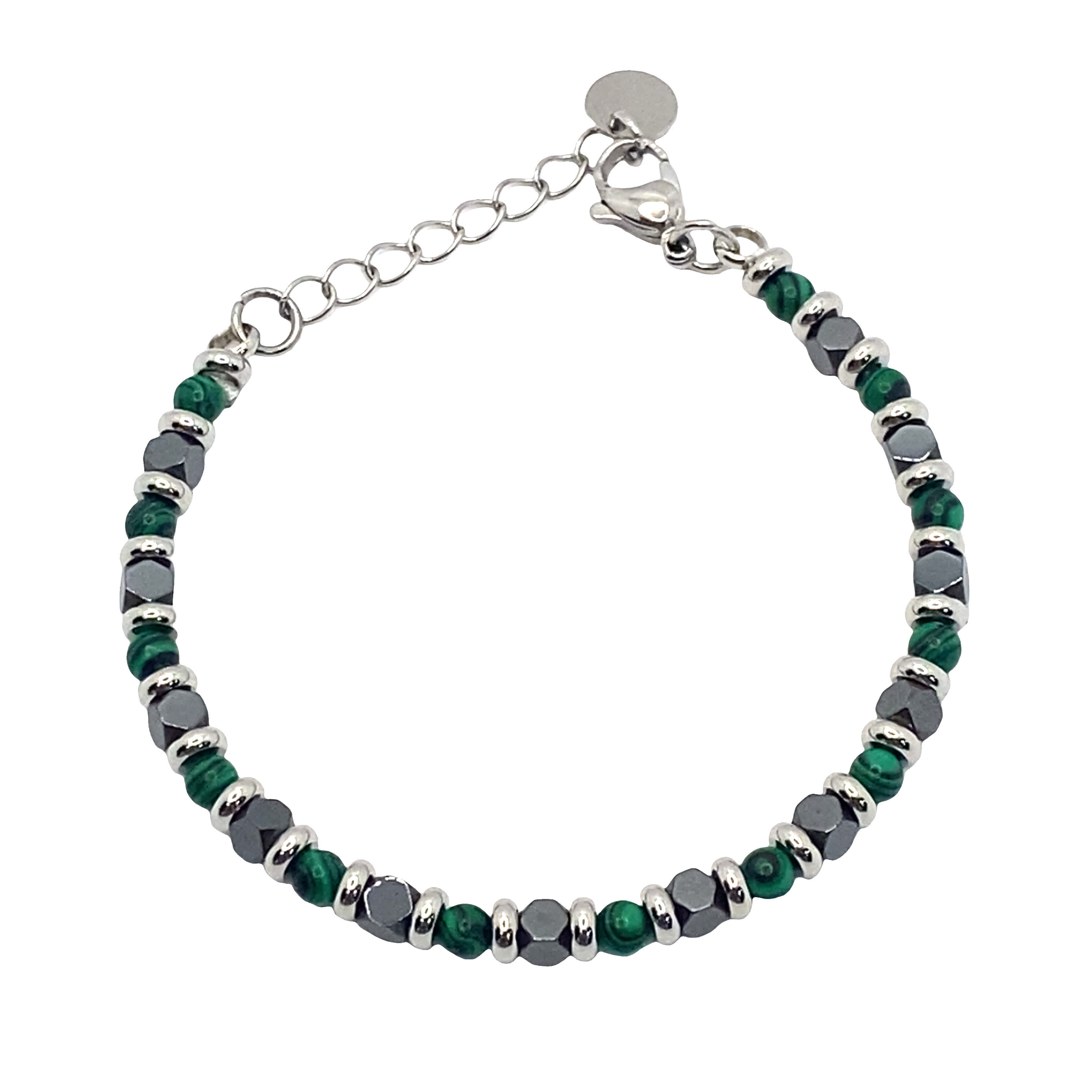 Srebrzona bransoletka z koralikami i okrągłymi kaboszonami malachitu