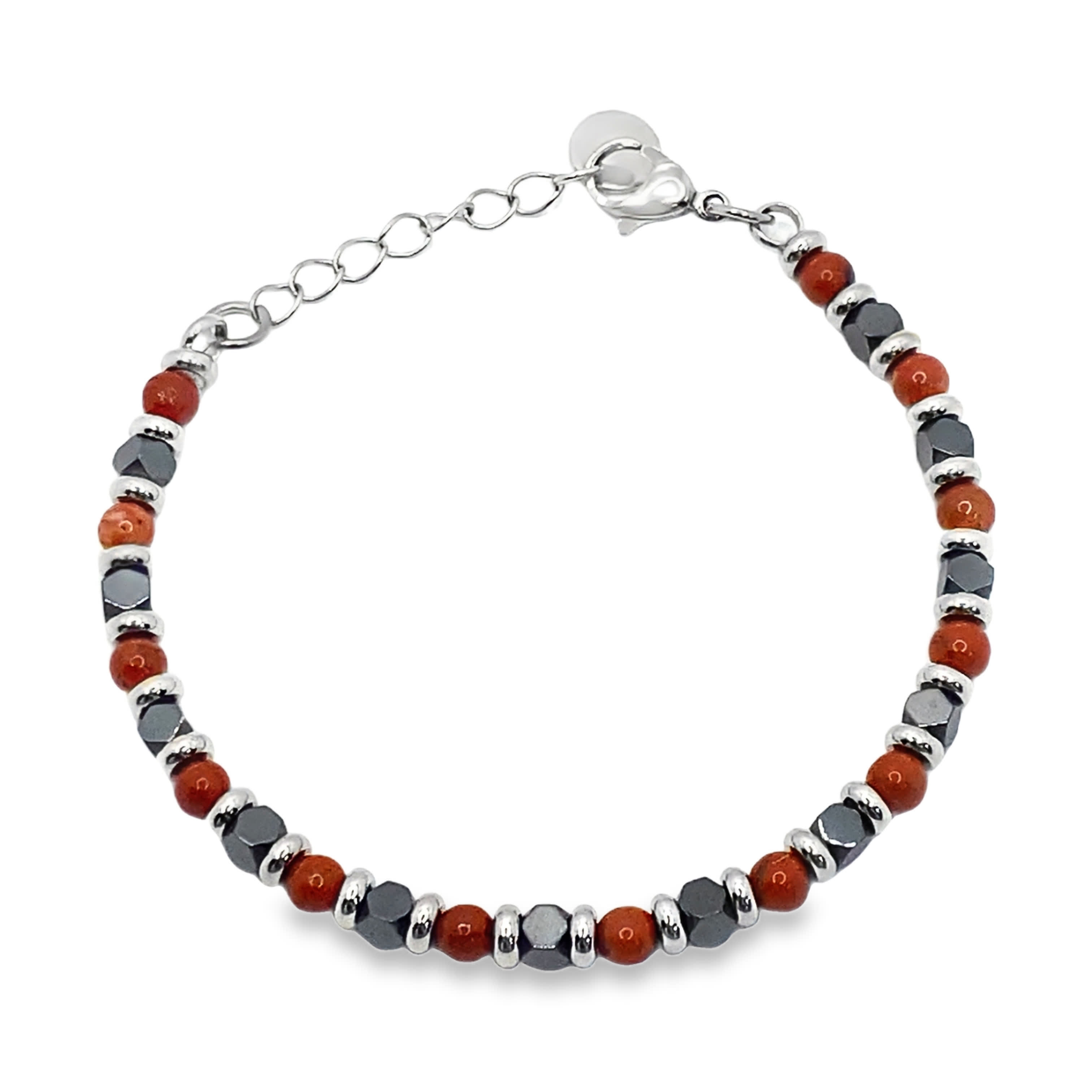 Bransoletka z koralików ze srebrzonej stali wykonana ręcznie z jaspisem i hematytem