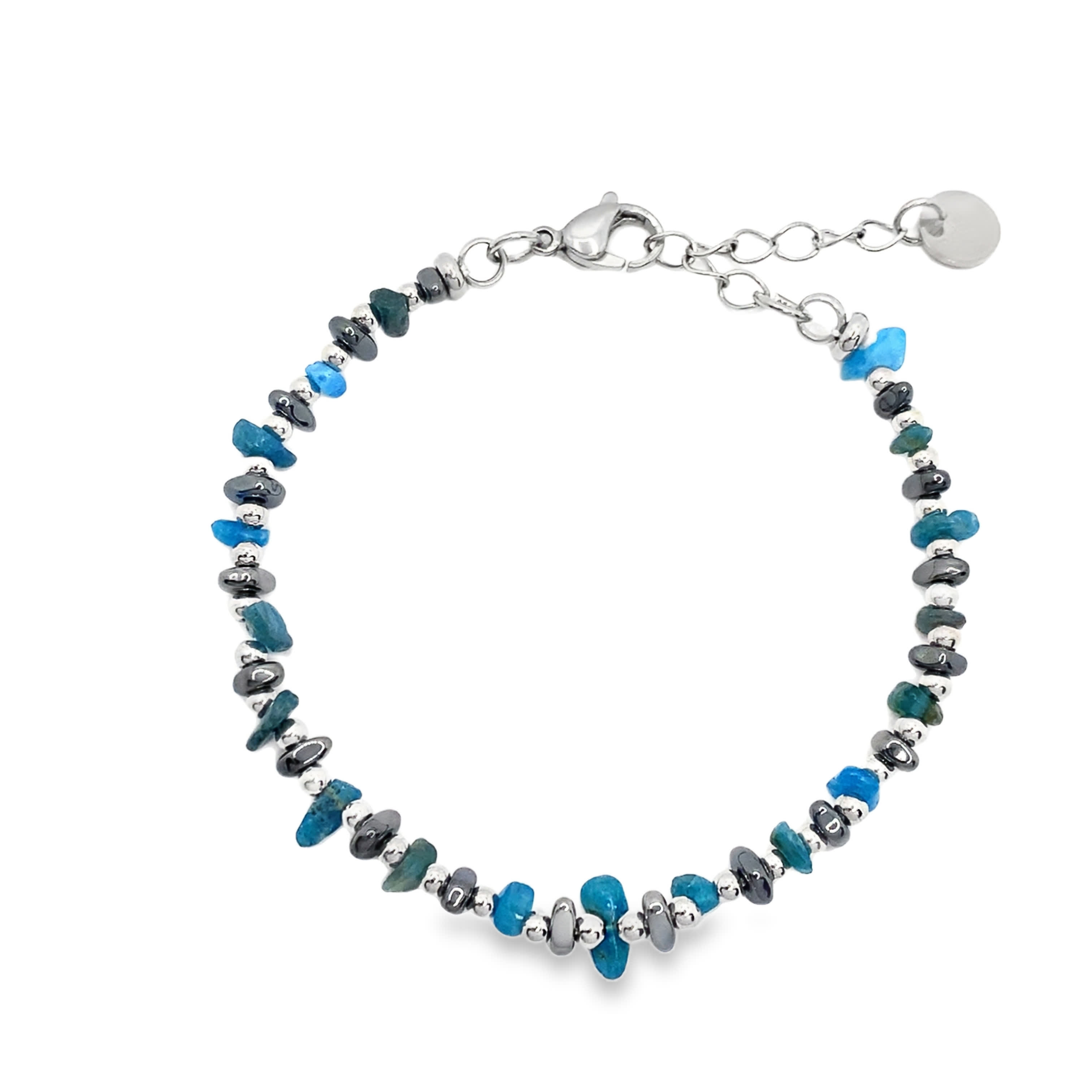 Bransoletka z koralików ze srebrzonej stali  z niebieskozielonymi kamieniami apatytu