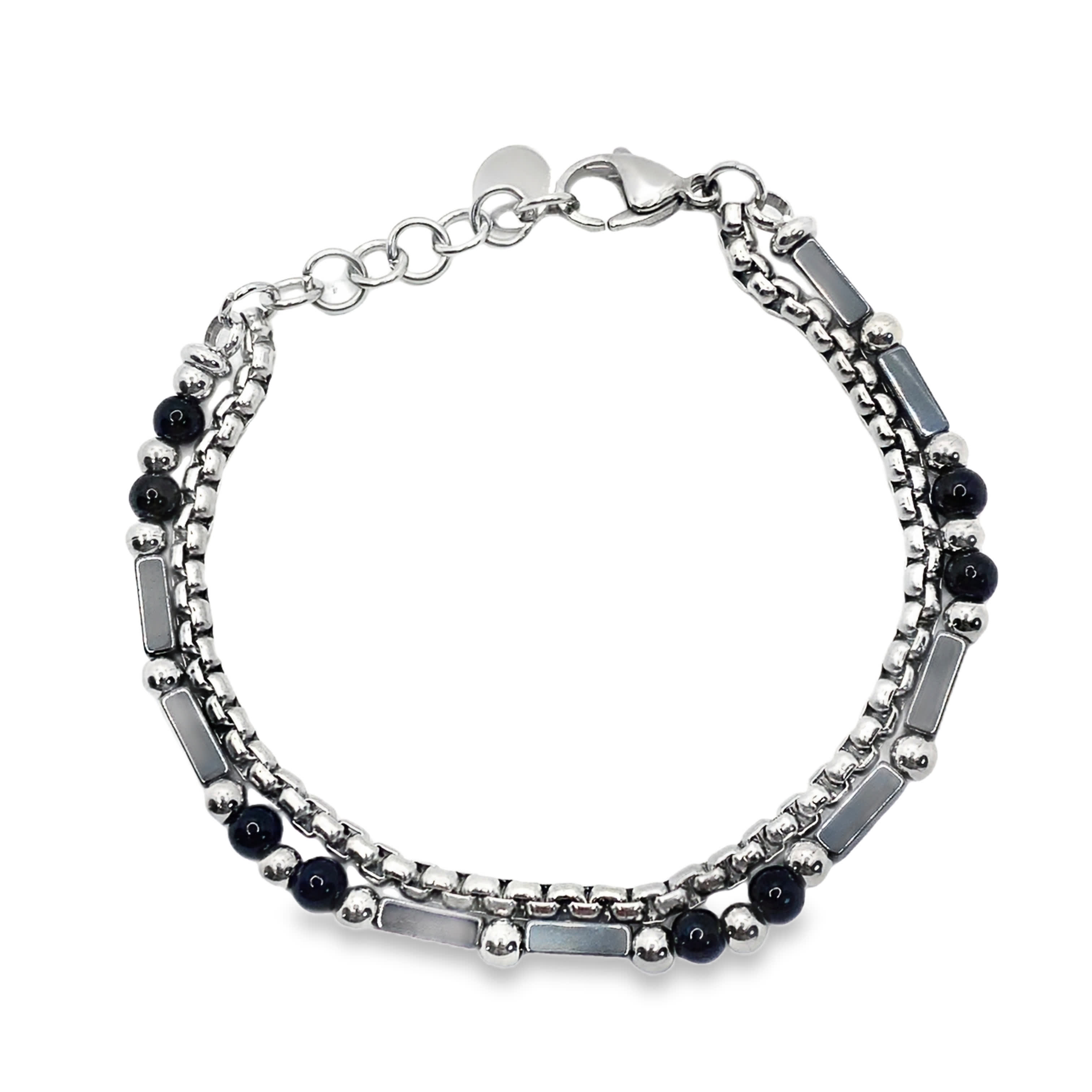 Bransoletka z koralików srebrzonych z akcentami z onyksu kaboszonowego