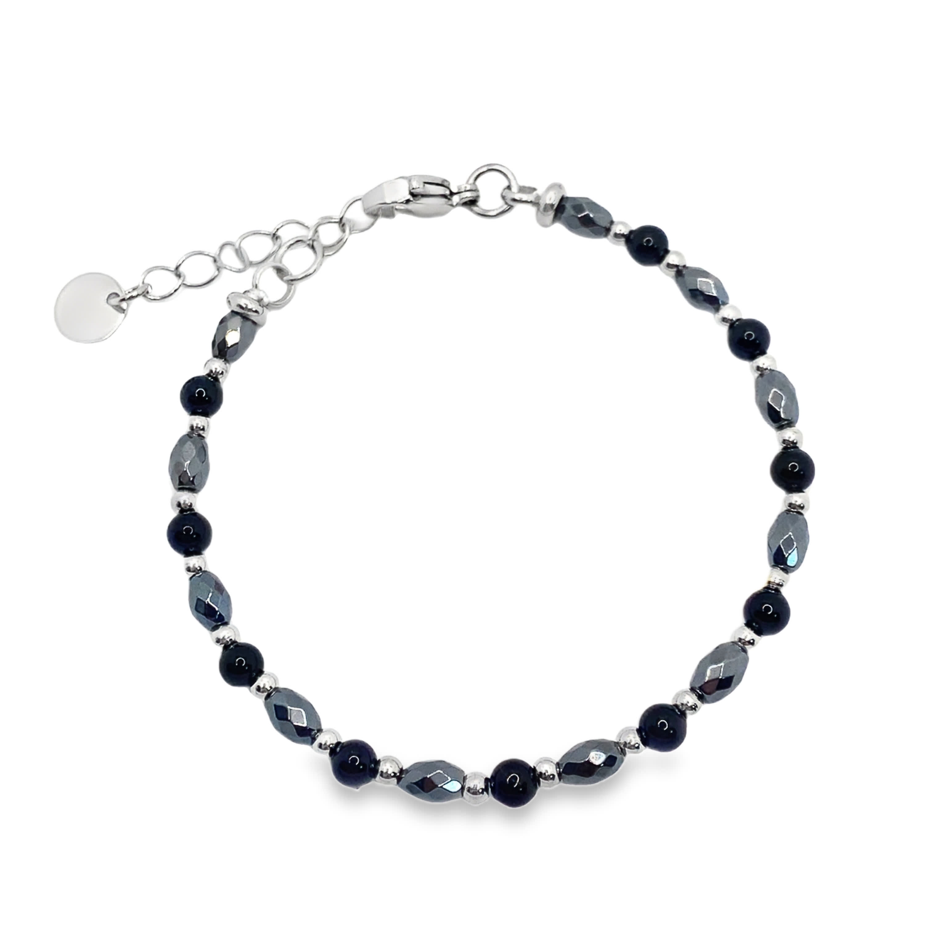 Srebrzona bransoletka z koralikami i okrągłymi kaboszonami z onyksu