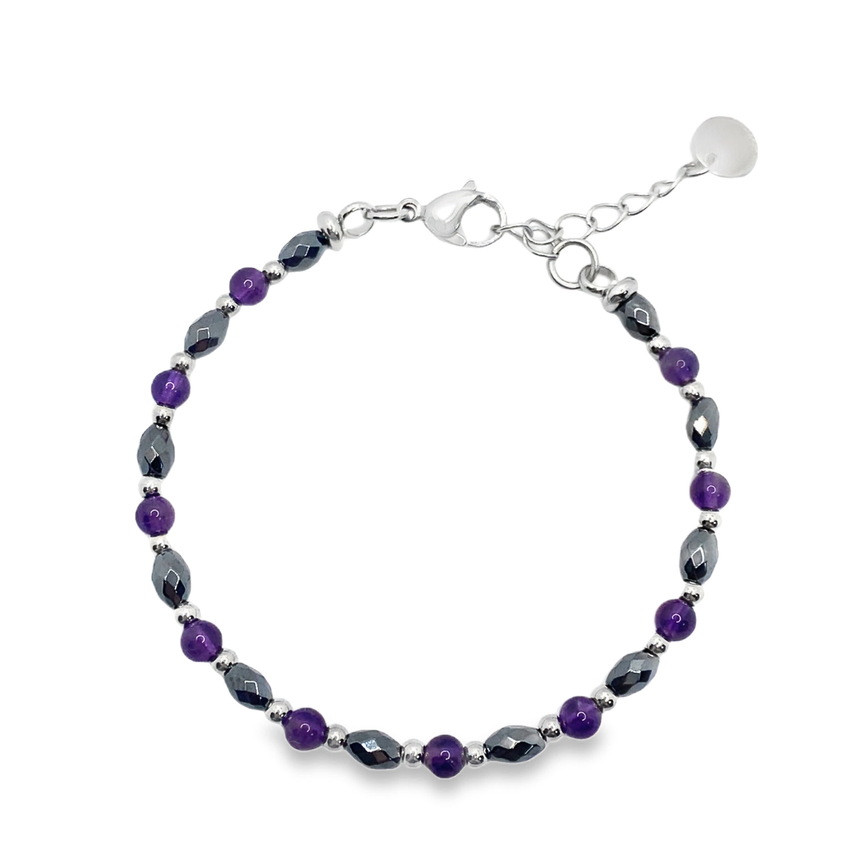 Srebrzona bransoletka z koralikami i kaboszonami ametystu