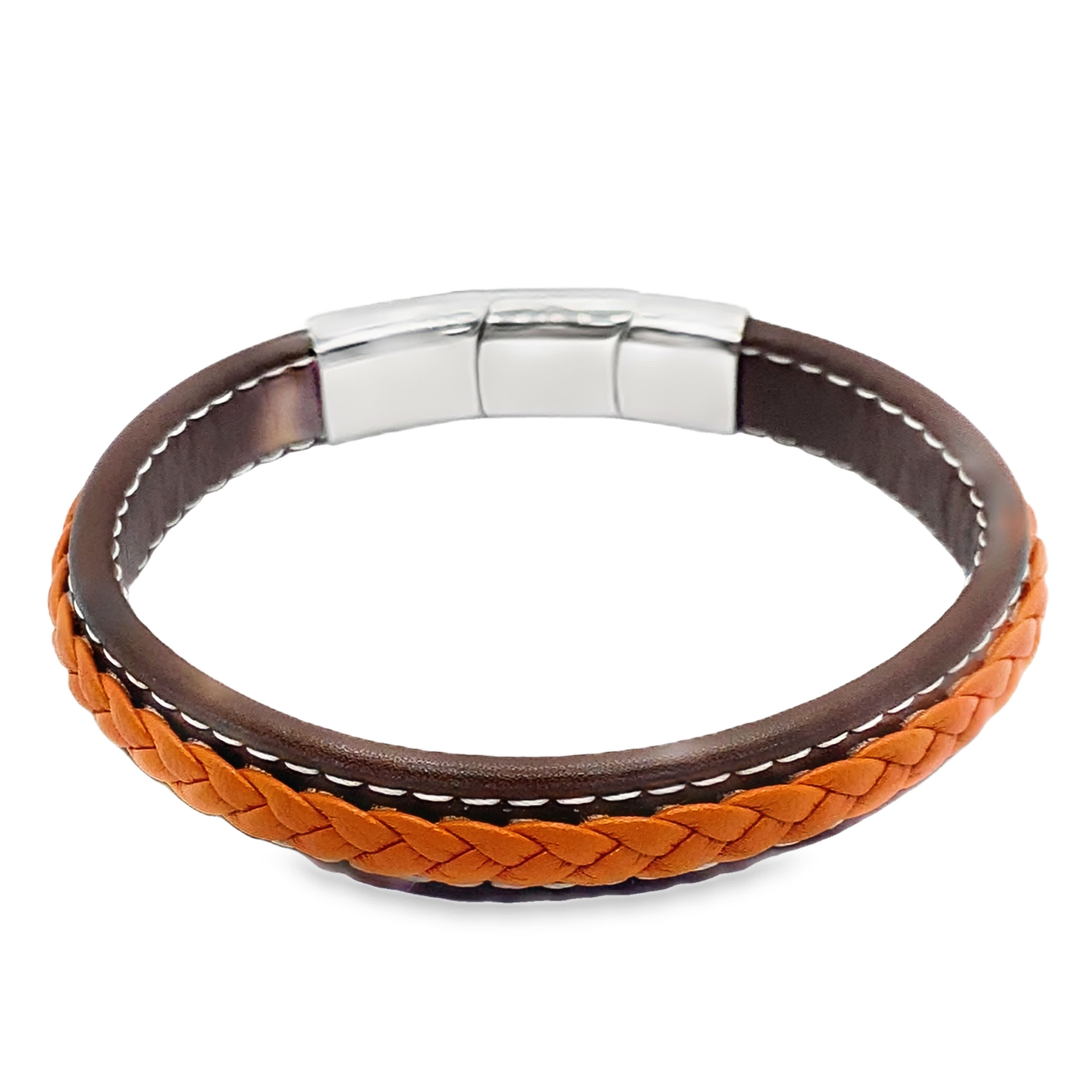 Męska brązowa skórzana bransoletka z tkanymi detalami