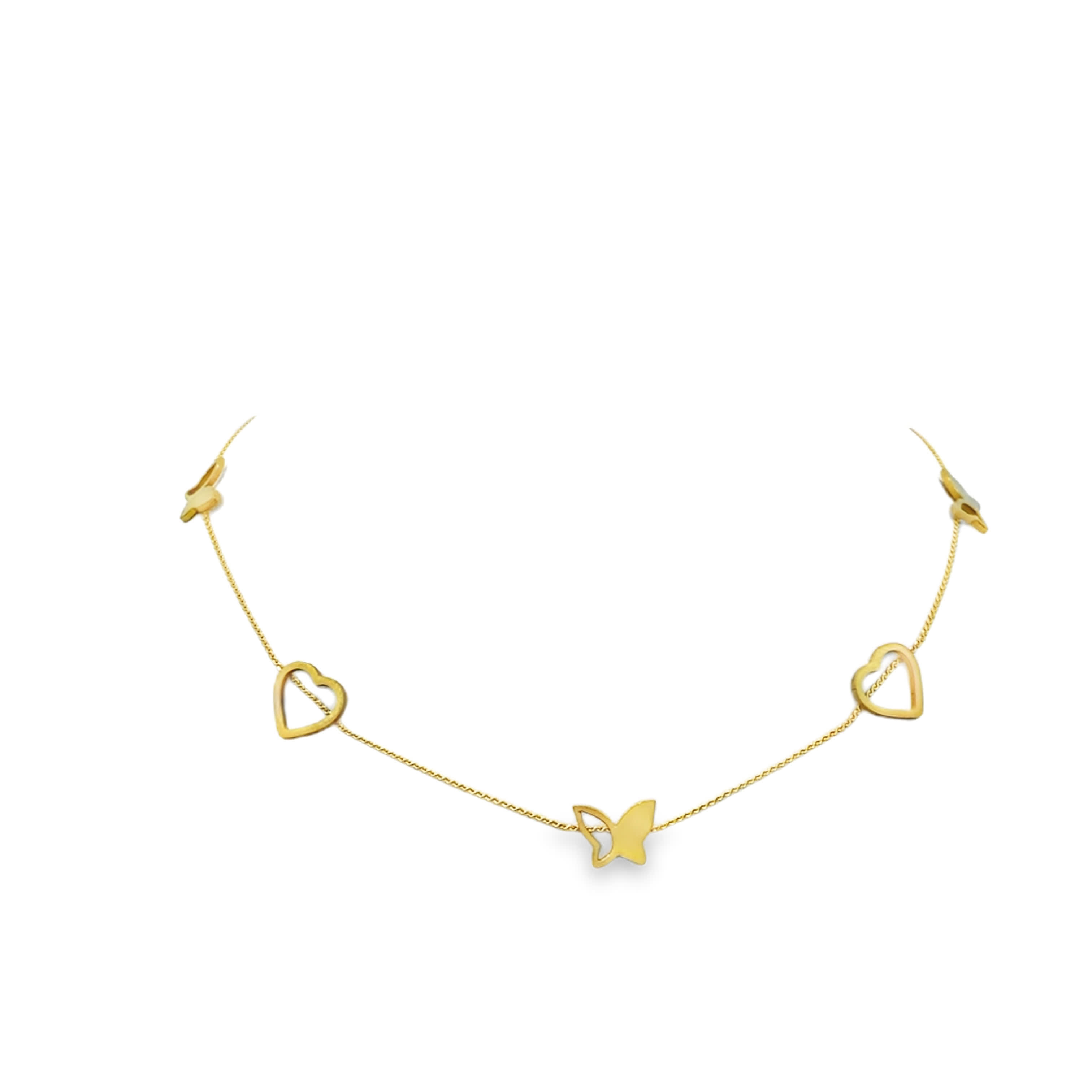 Delikatny naszyjnik z żółtego złota z serduszkiem i motylem