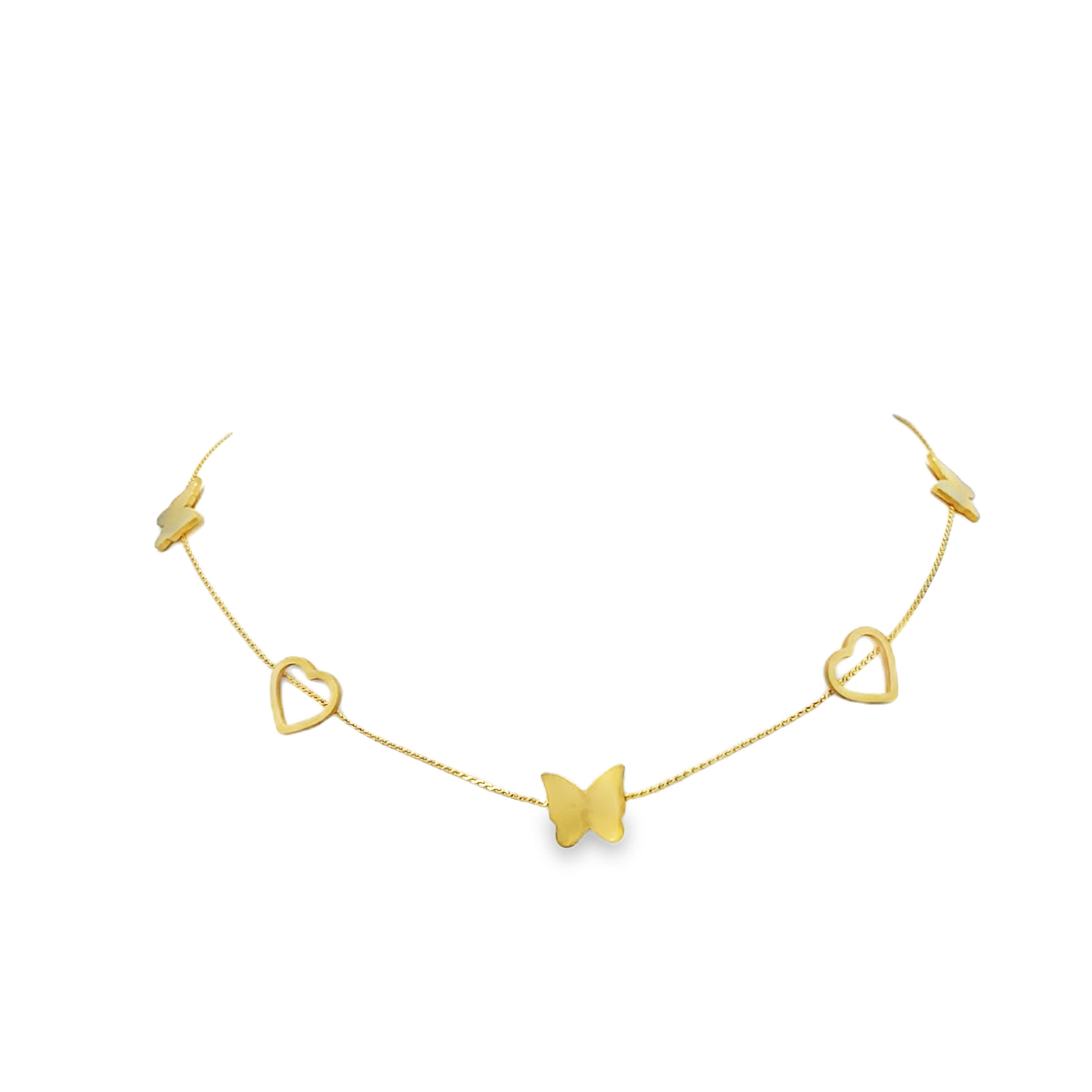 Delikatny naszyjnik z żółtego złota z zawieszką w kształcie serca i motyla