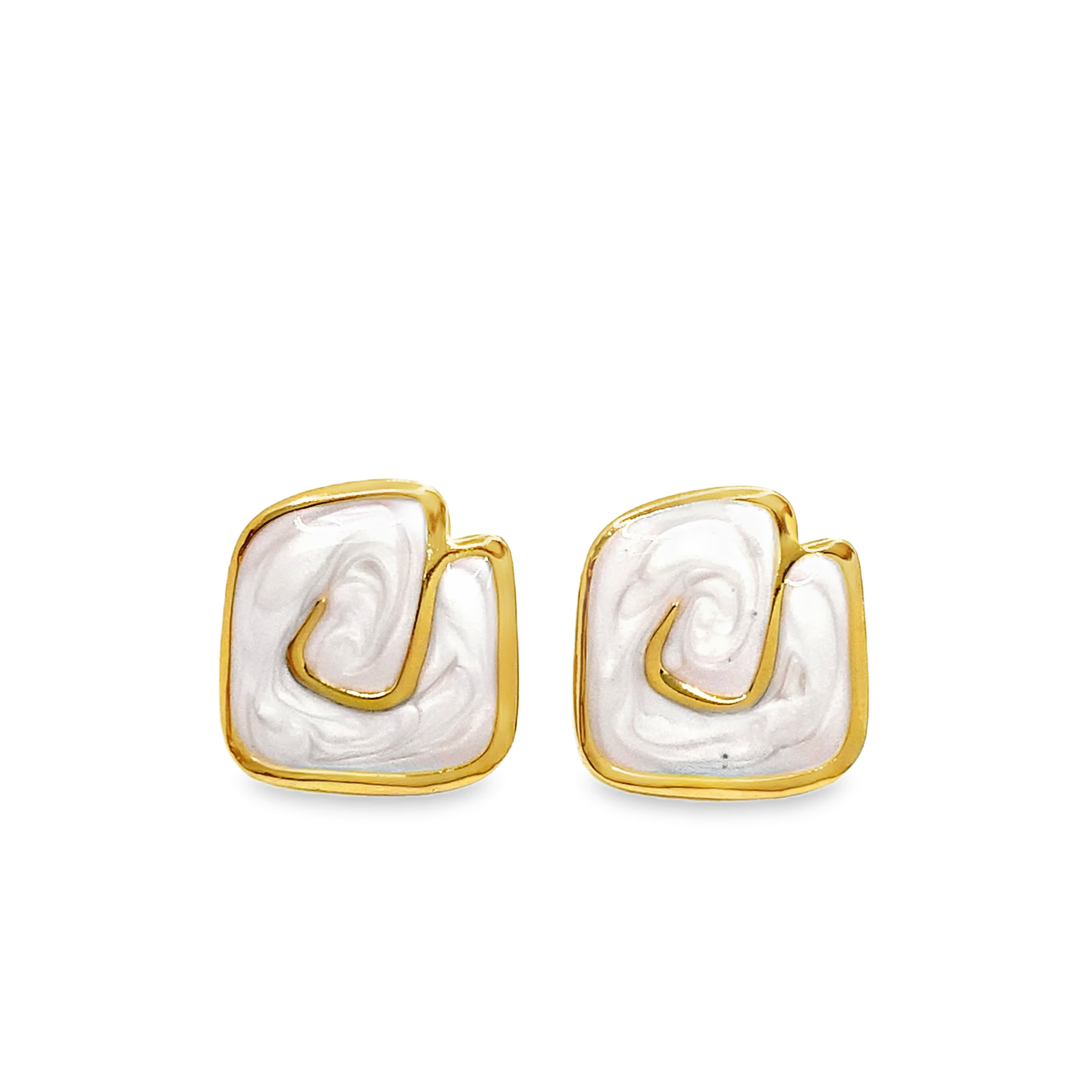 Kolczyki sztyfty z żółtego złota z białą emalią w kształcie wiru