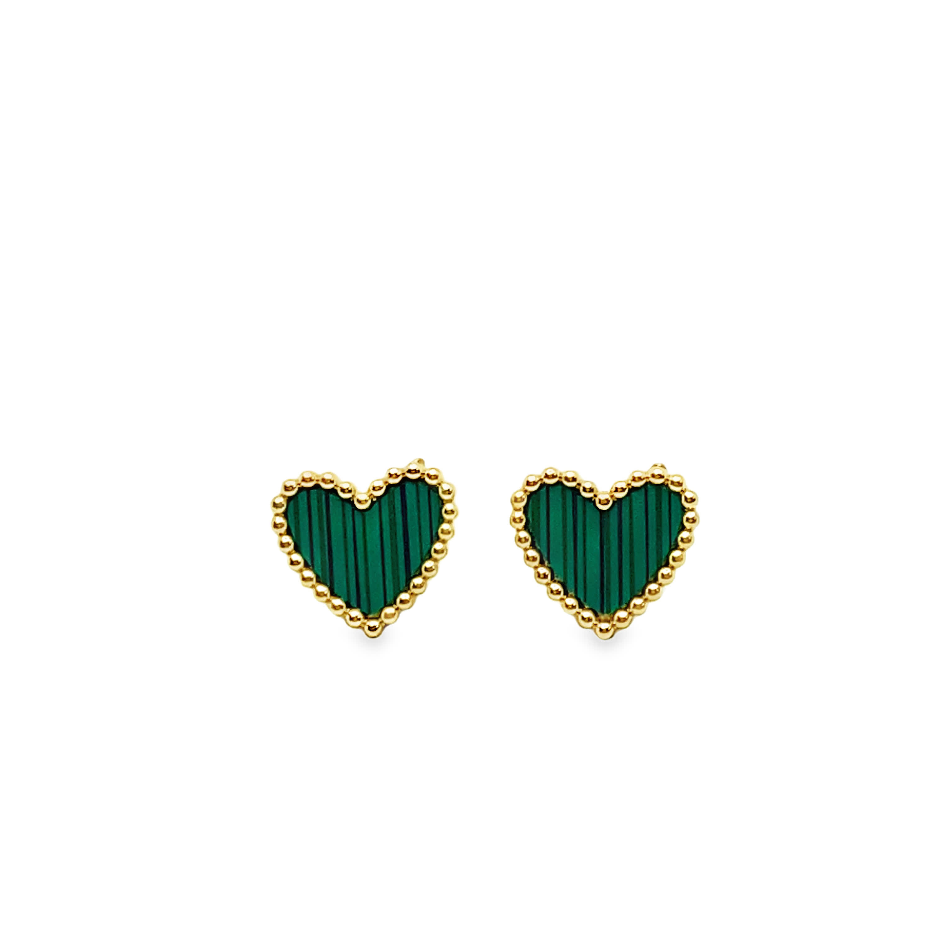 Yellow Gold Stud Earrings with Heart-Shaped Malachite Cabochons