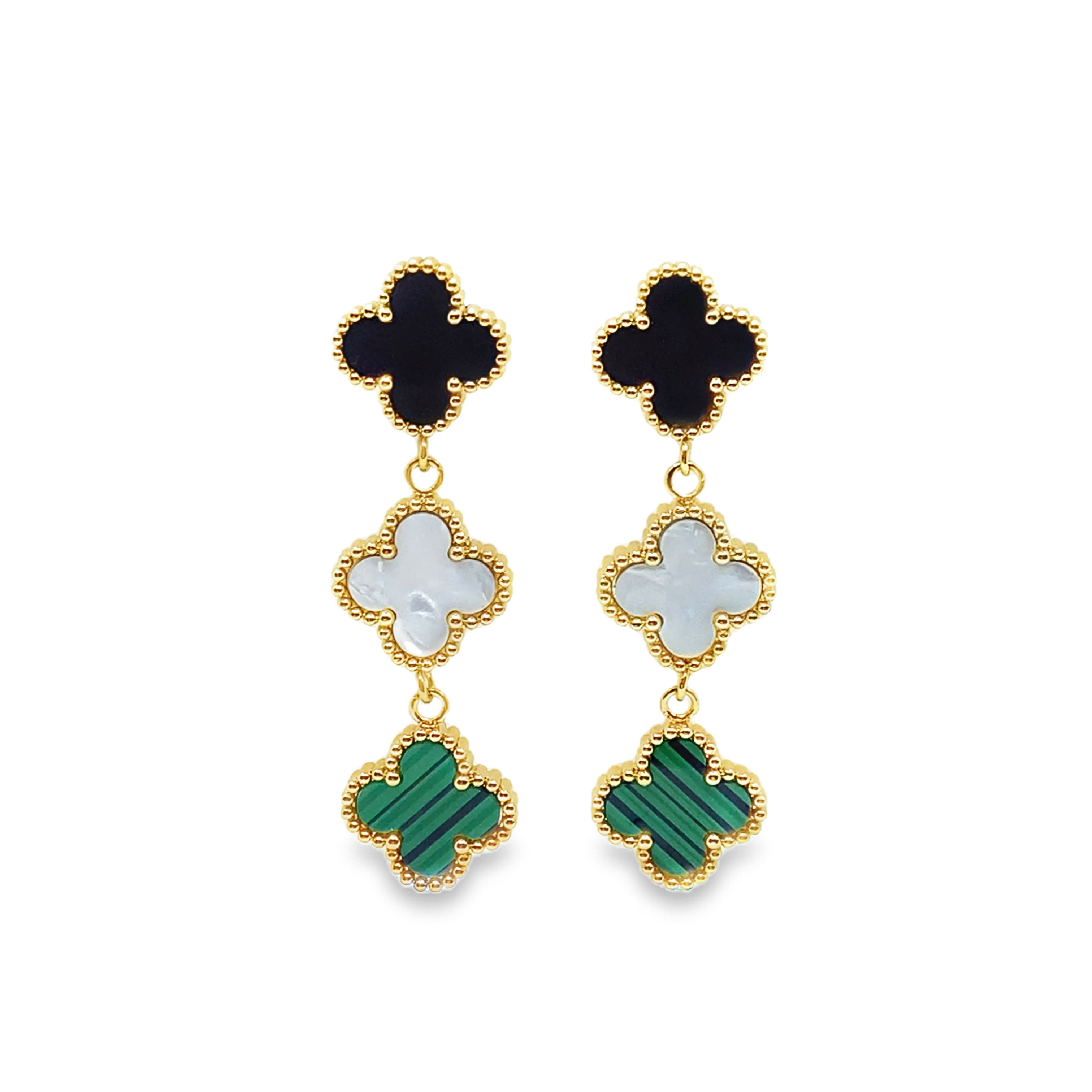 Yellow Gold Dangle Earrings with Malachite Accents