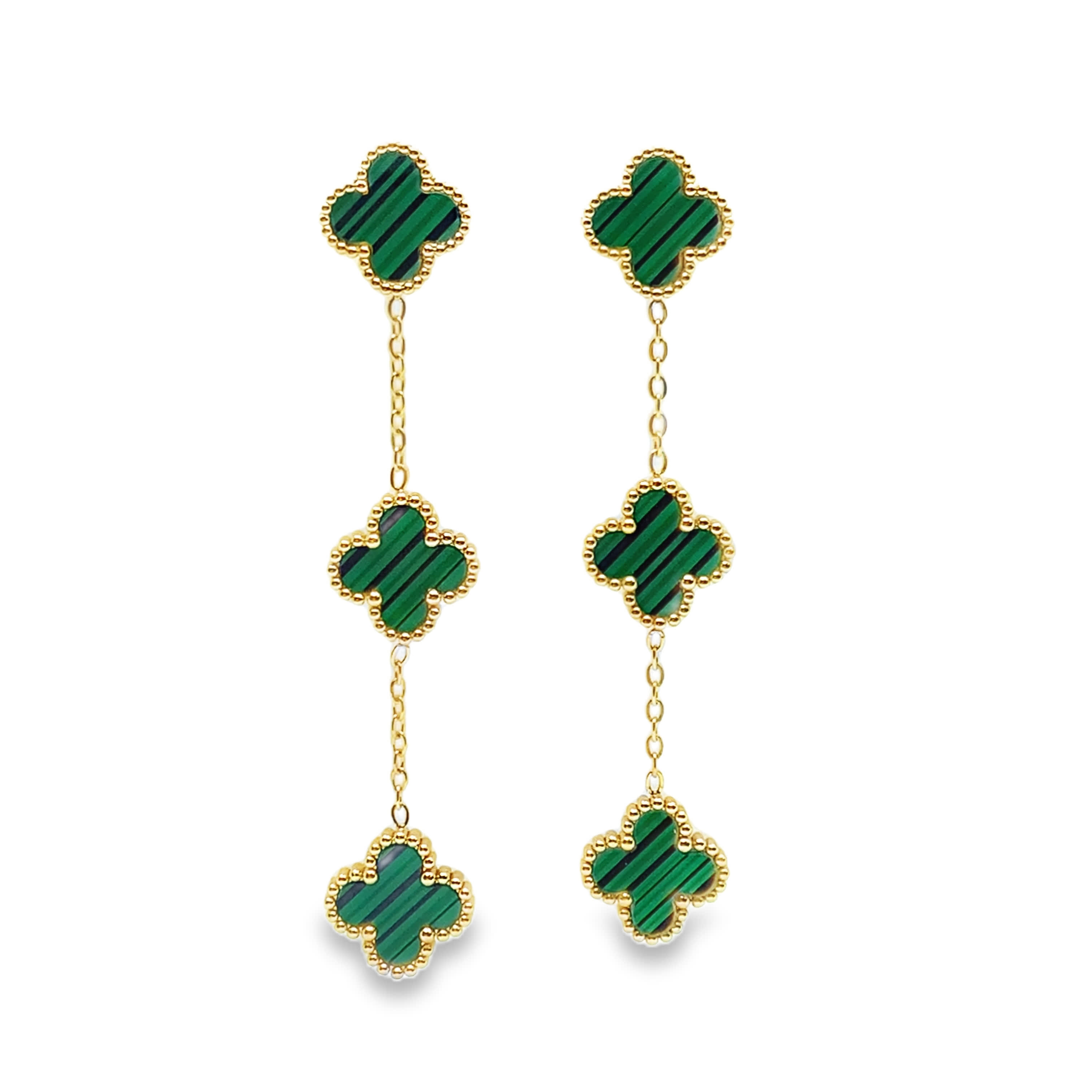 Yellow Gold Dangle Earrings with Clover-Shaped Malachite