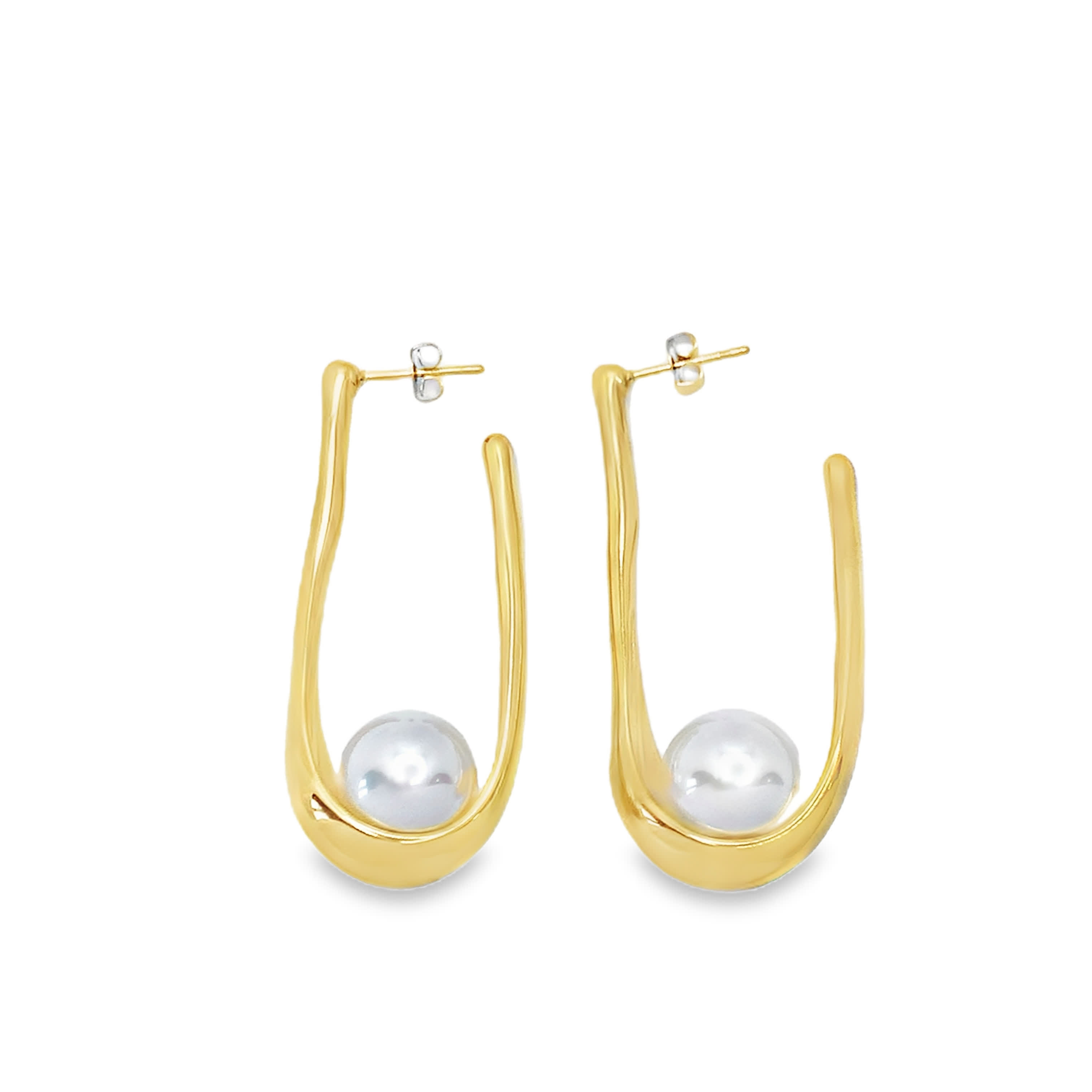 Yellow Gold Hoop Earrings with Round Pearl Accents