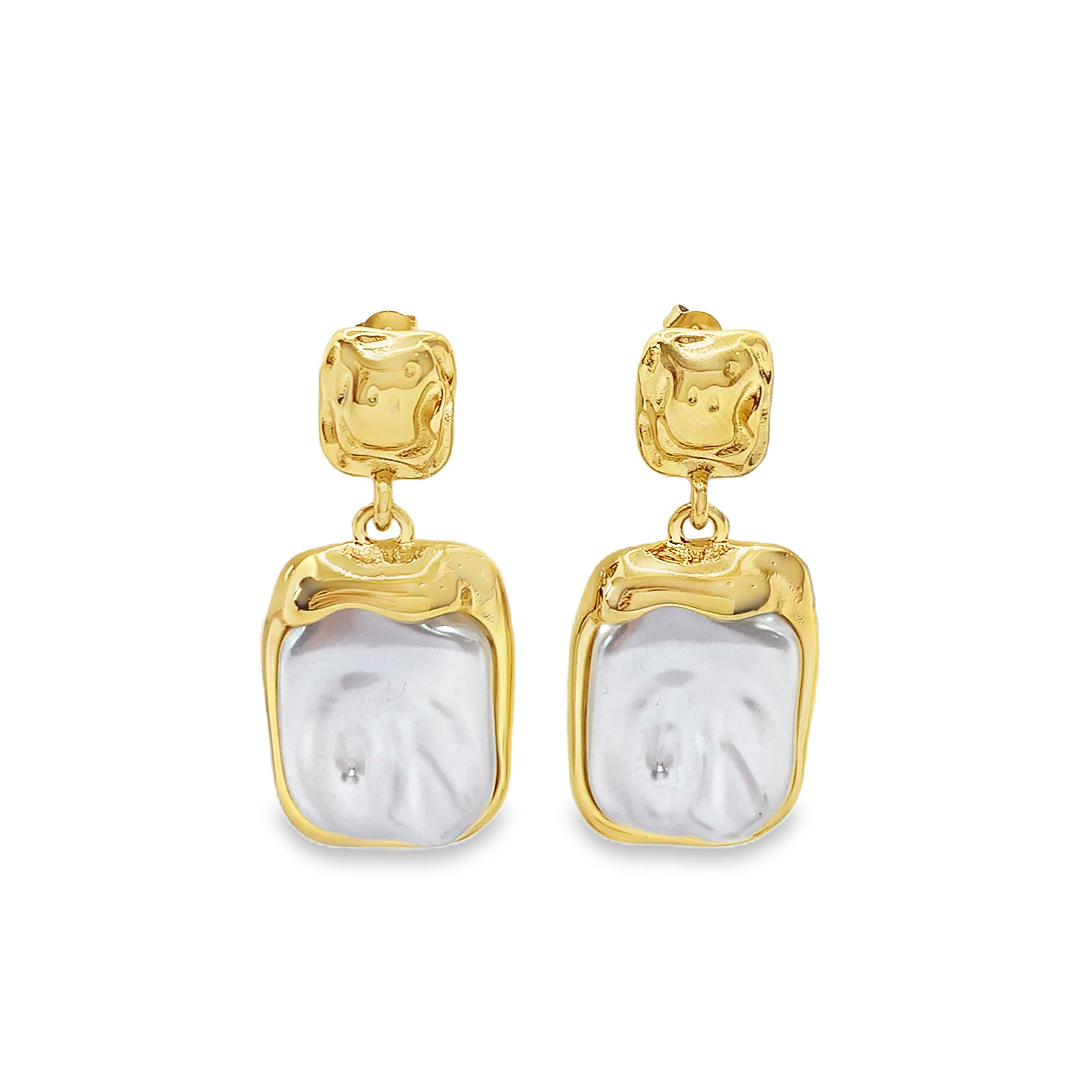 Yellow Gold Dangle Earrings with Square Cabochon Pearls