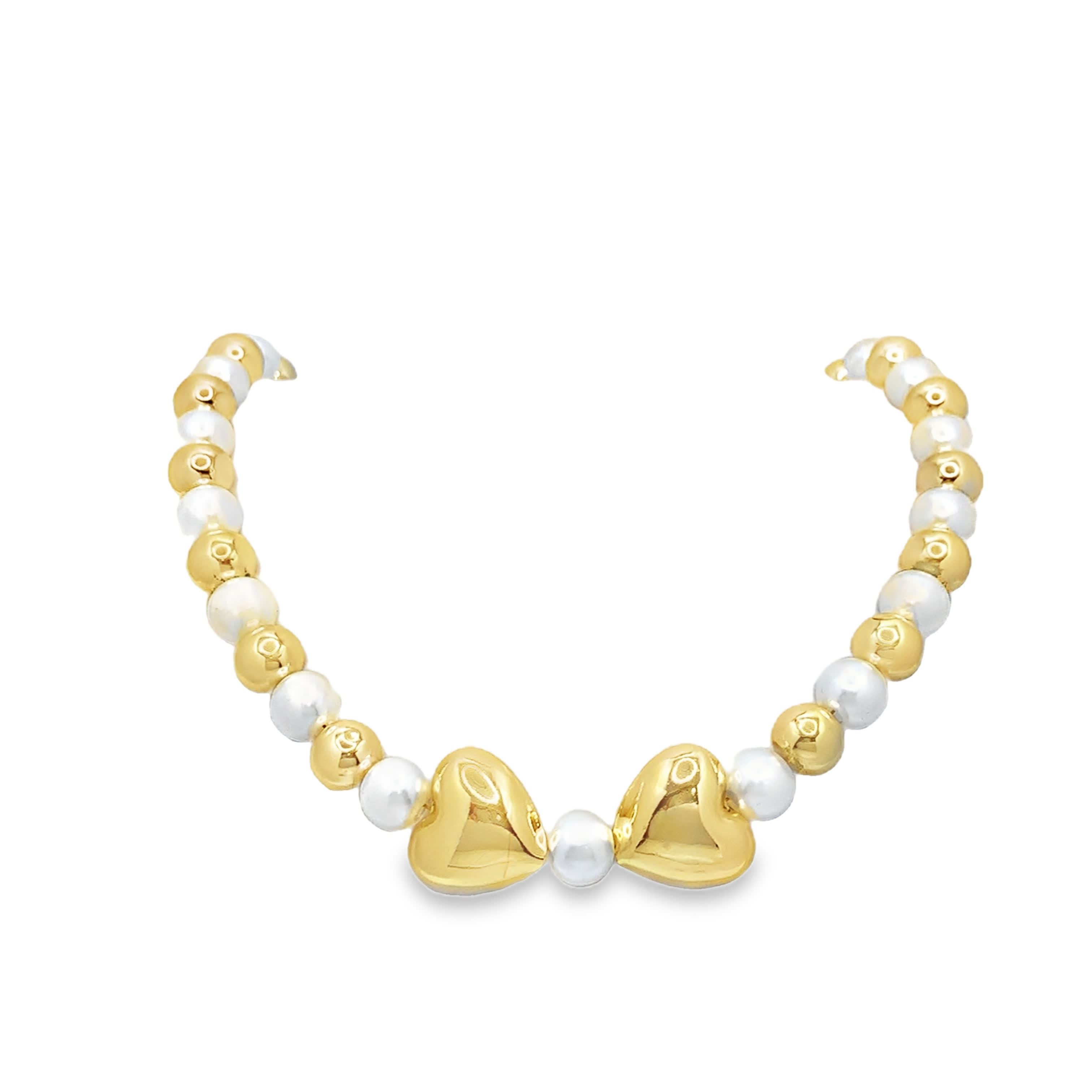 Yellow Gold Beaded Bracelet with Luminous Round Pearl Cabochons