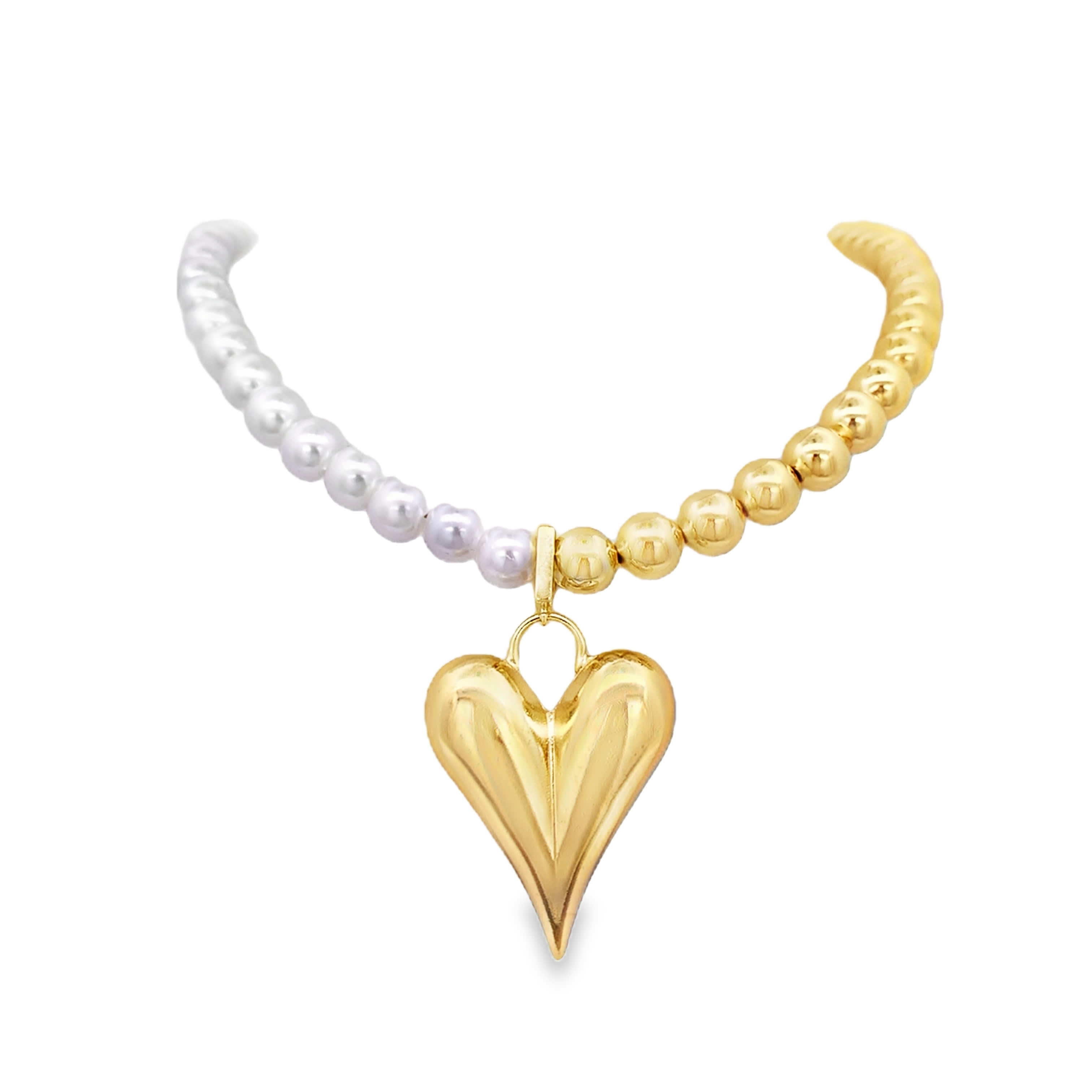 Pearl and Yellow Gold Heart Pendant Beaded Necklace