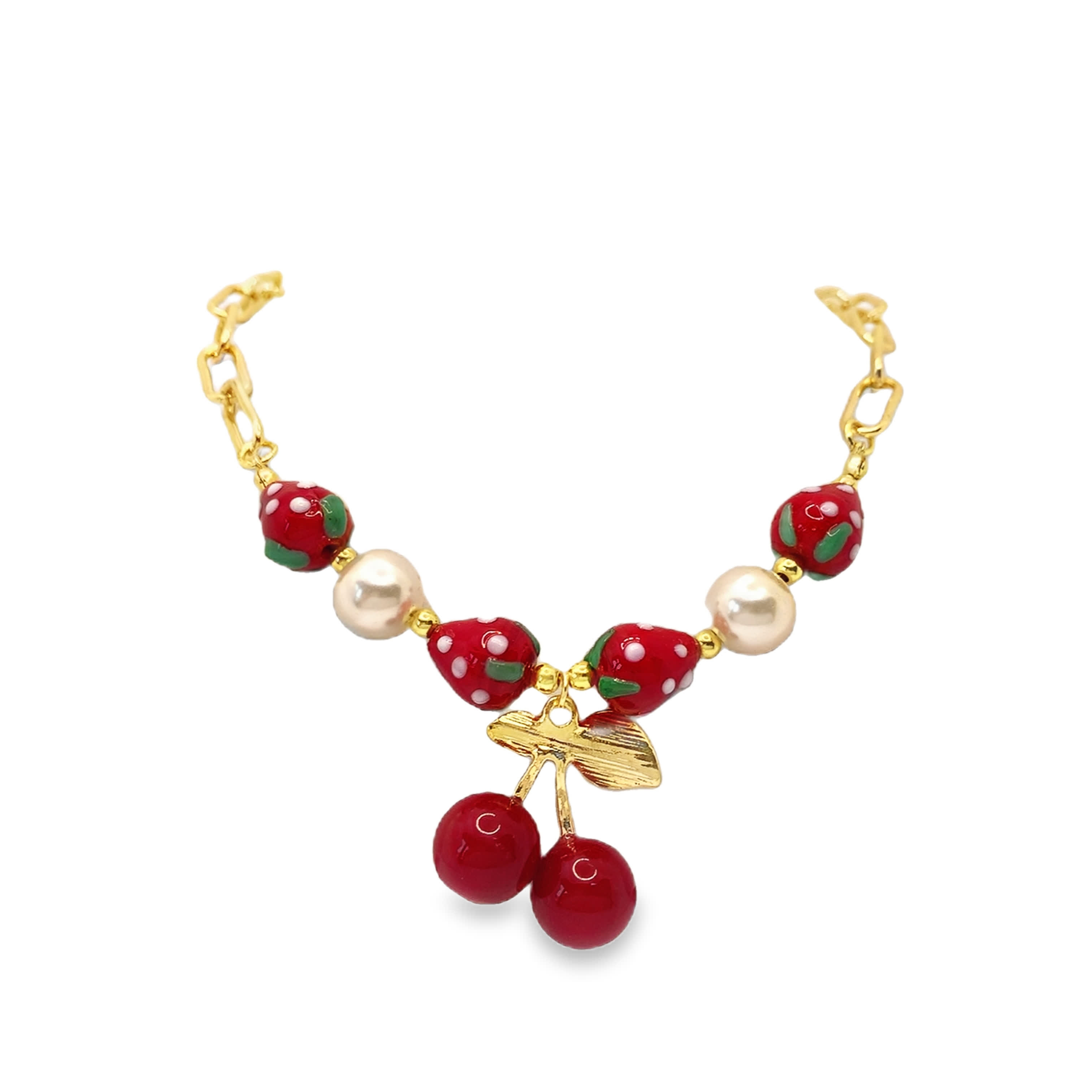 Naszyjnik z koralików z metalu z perłą, truskawką i wiśnią