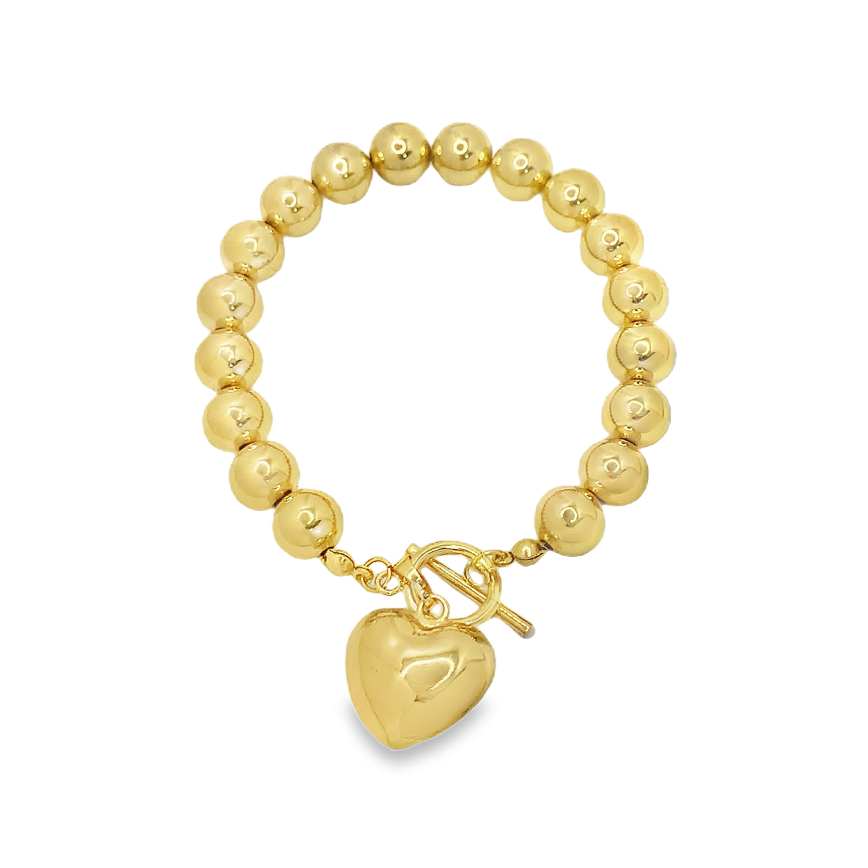Elegant Yellow Gold Beaded Bracelet with Heart Charm
