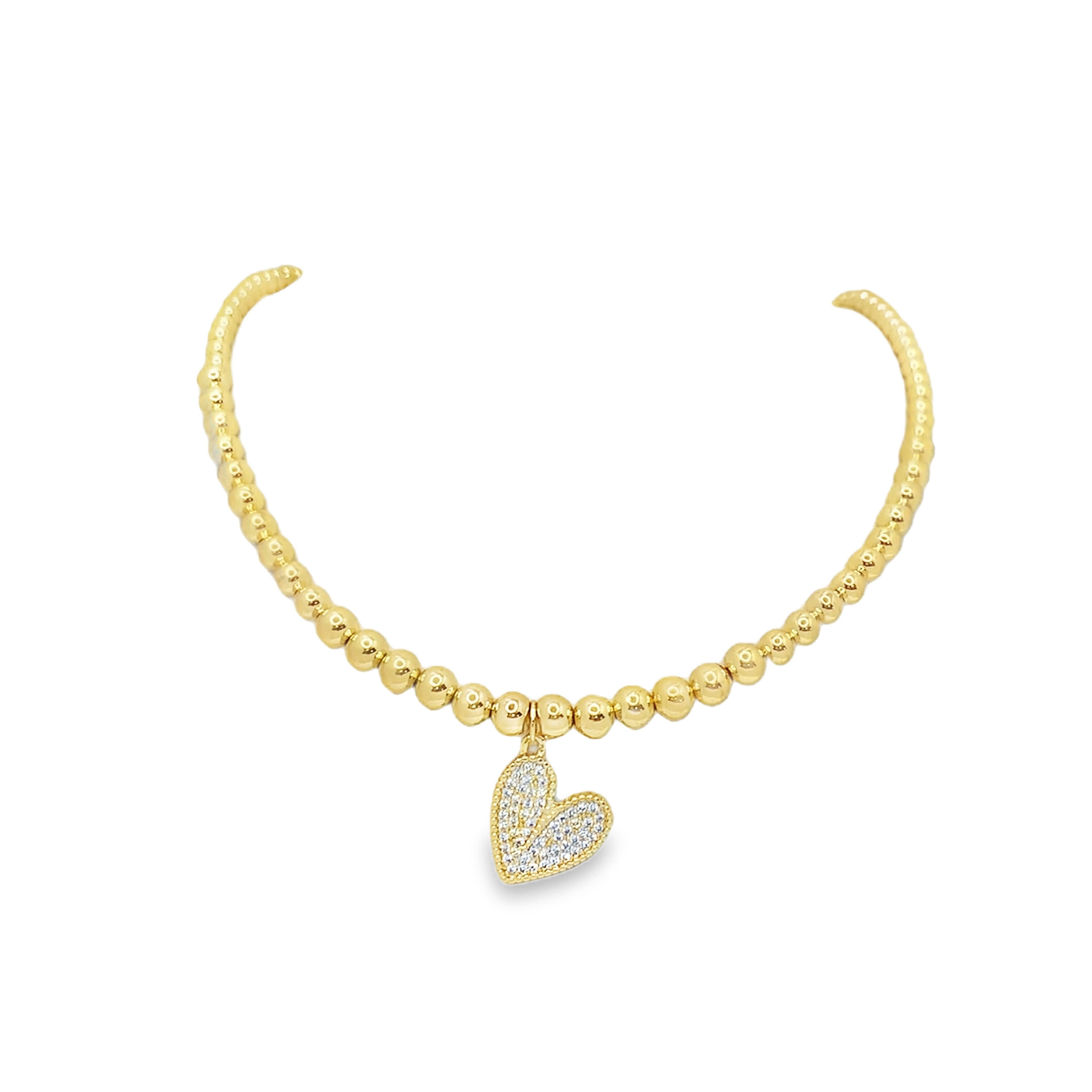 Yellow Gold Beaded Necklace with Brilliant-Cut Diamond Heart Pendant